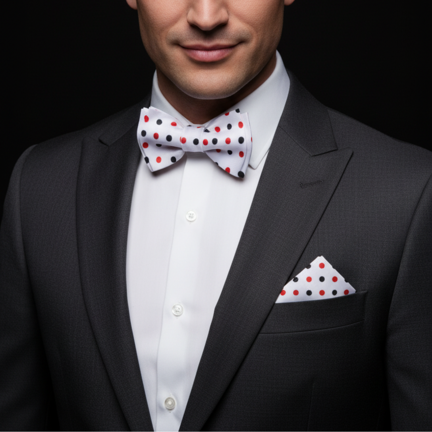 Man wearing a black suit with a white shirt, red polka dot bow tie, and matching pocket square on a black background.