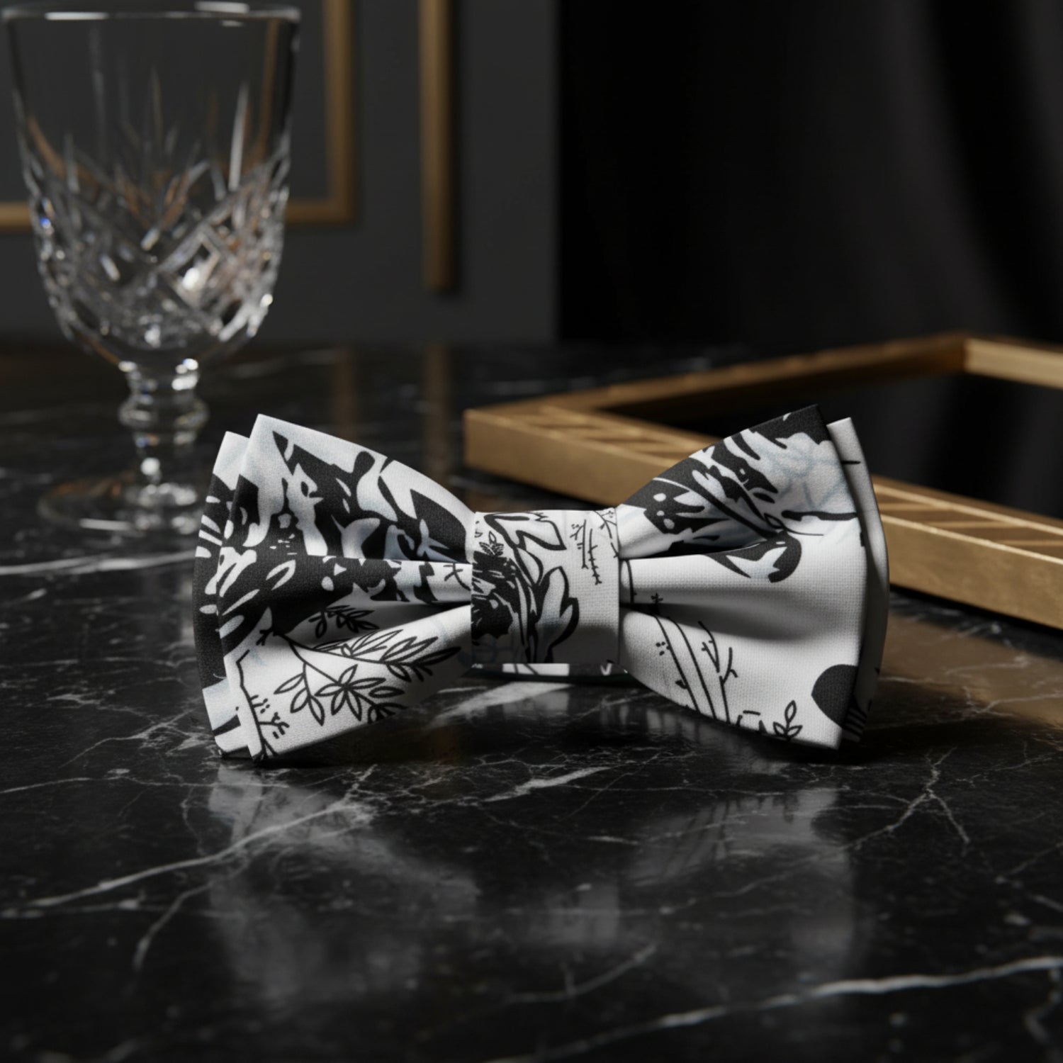 White Black Abstract Floral Bow Tie Pre Tied