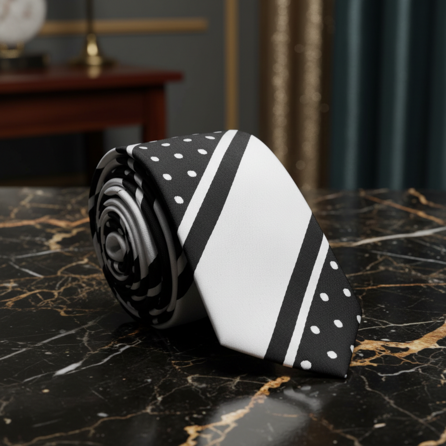 A rolled necktie featuring a black and white striped pattern with white polka dots on the ends, set against a plain white background.