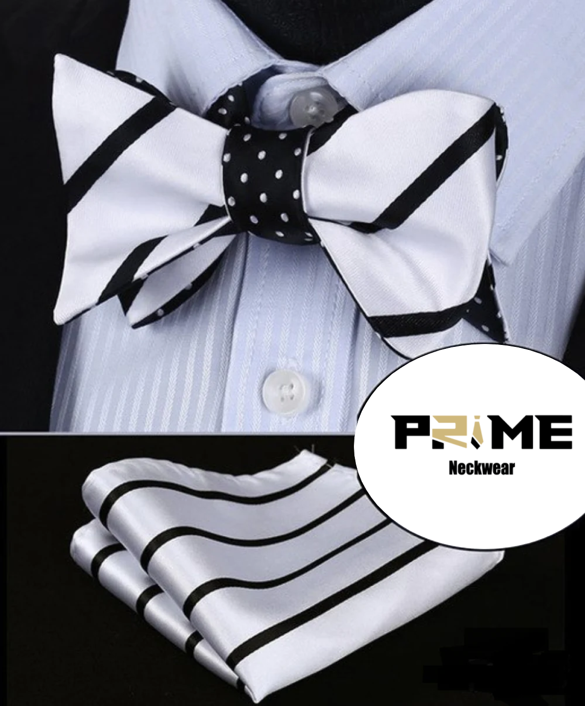 White with black stripe bow tie and matching square