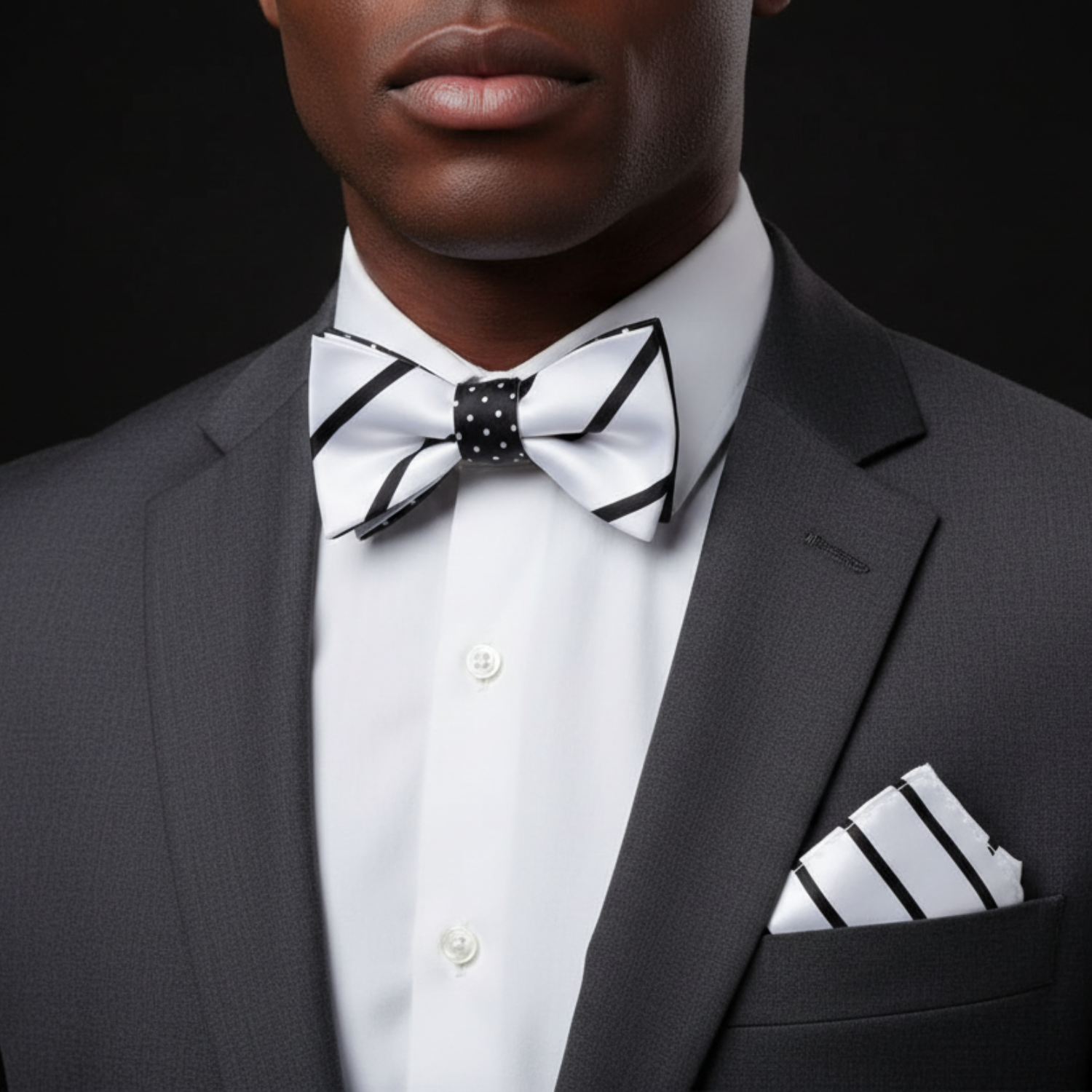 Man wearing a gray suit with a white shirt, black and white bow tie, and matching pocket square on a black background.