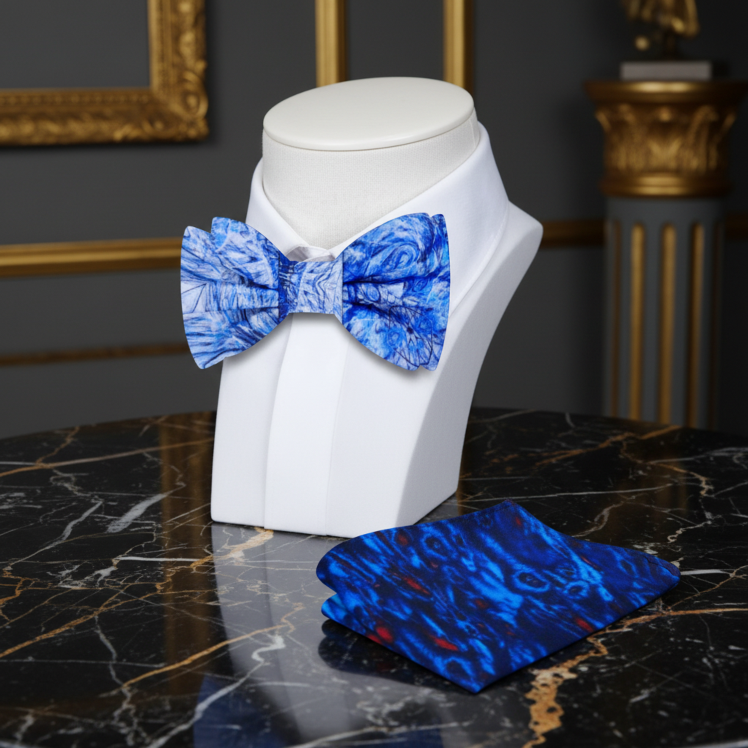 White, Blue Abstract Bow Tie and Accenting Pocket Square||White, Blue