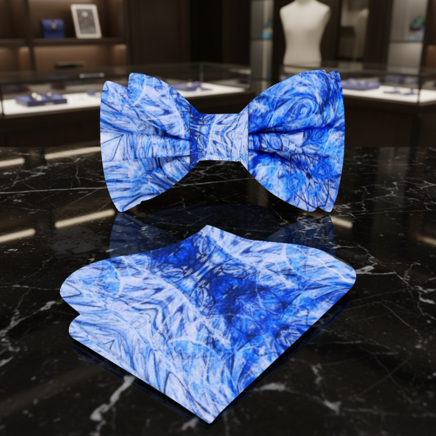 White, Blue Abstract Bow Tie and Pocket Square||White, Blue