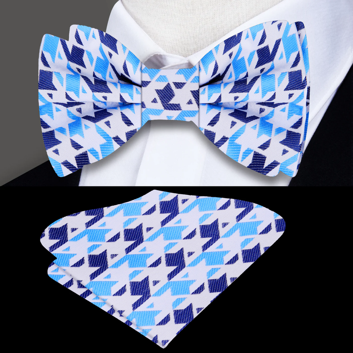 White Blue Abstract Hounds Tooth Sonic Bow Tie and Square