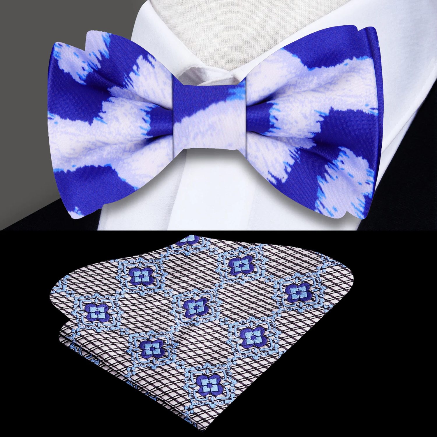 White with Shades of Blue Artic Leopard Bow Tie and Accenting Square