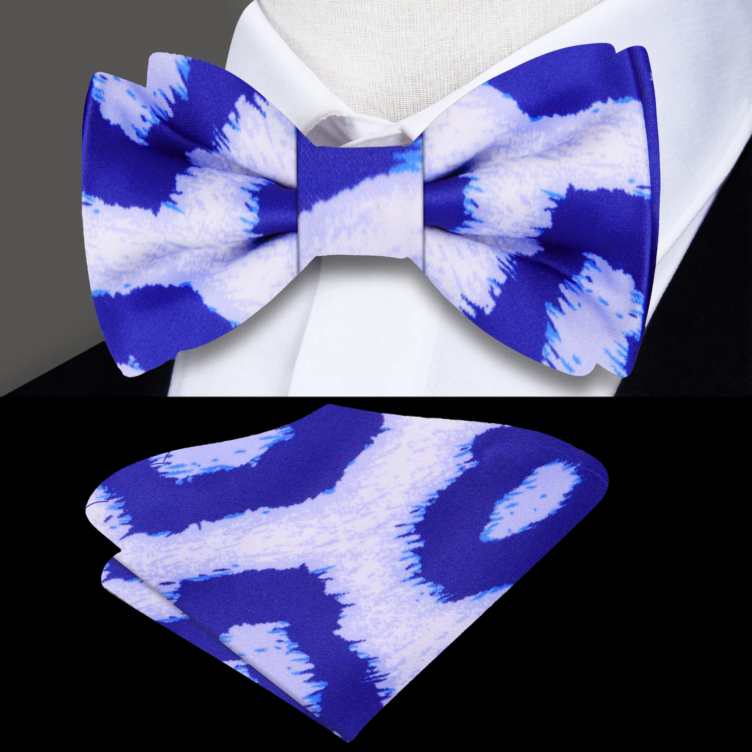 White with Shades of Blue Artic Leopard Bow Tie and Matching Square