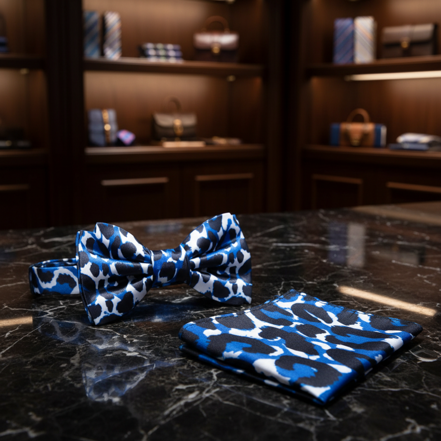 White Blue Black Cheetah Bow Tie and Square