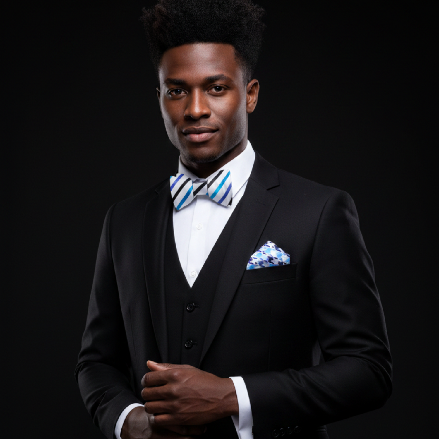White Blue Black Stripe Bow Tie and accenting Pocket Square