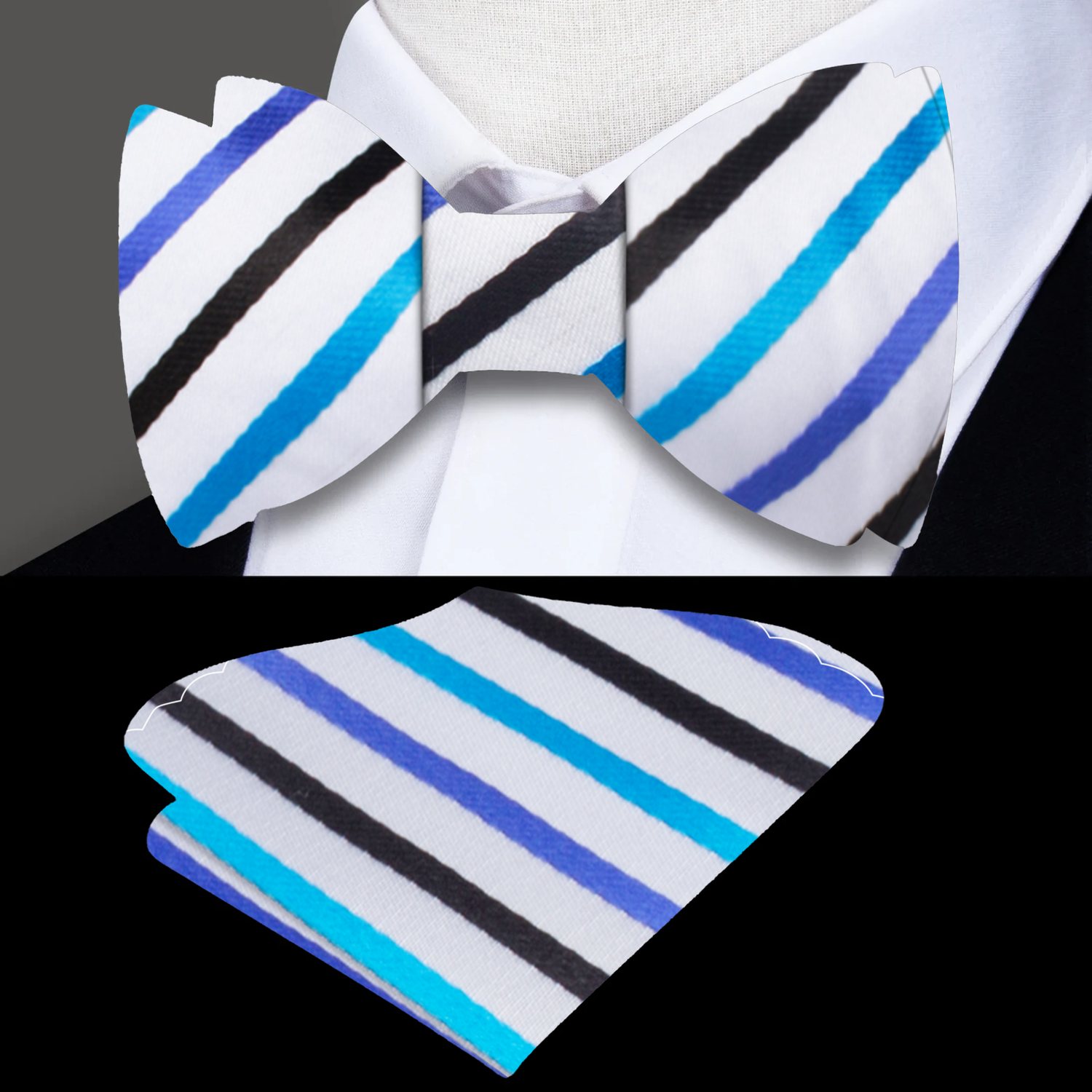 White Blue Black Stripe Bow Tie and Pocket Square