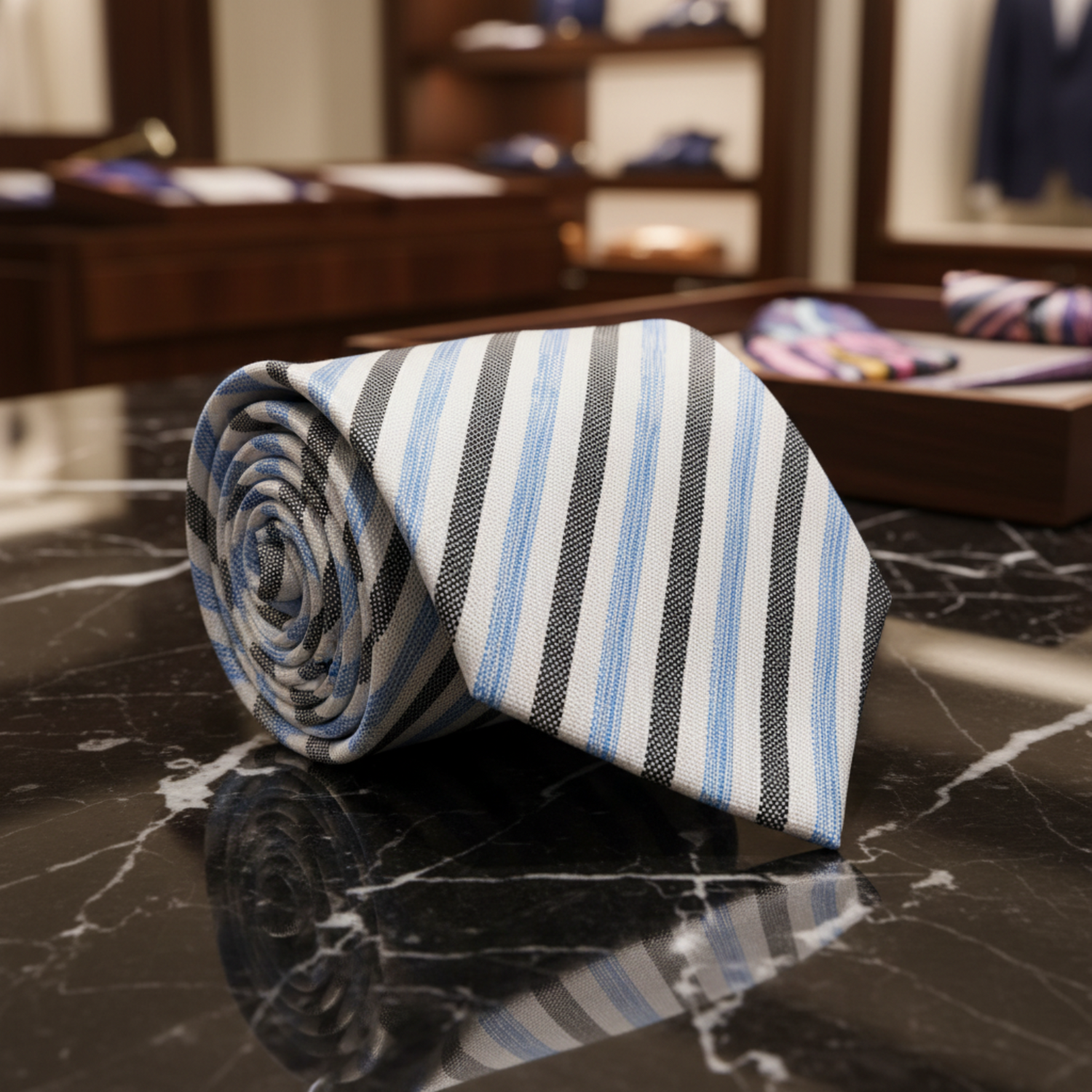 White, Blue, Black Stripe Necktie 