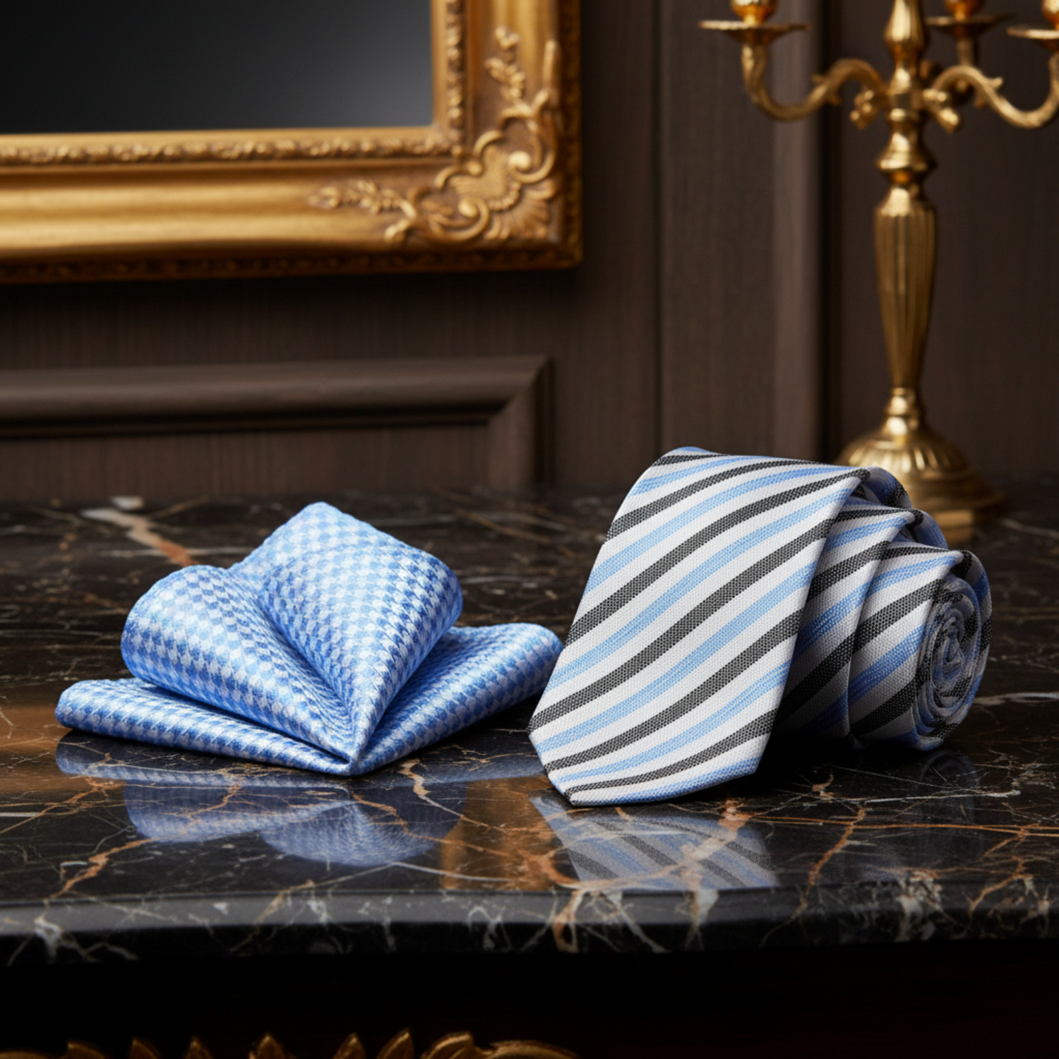 White, Blue, Black Stripe Necktie and Accenting Square View 2