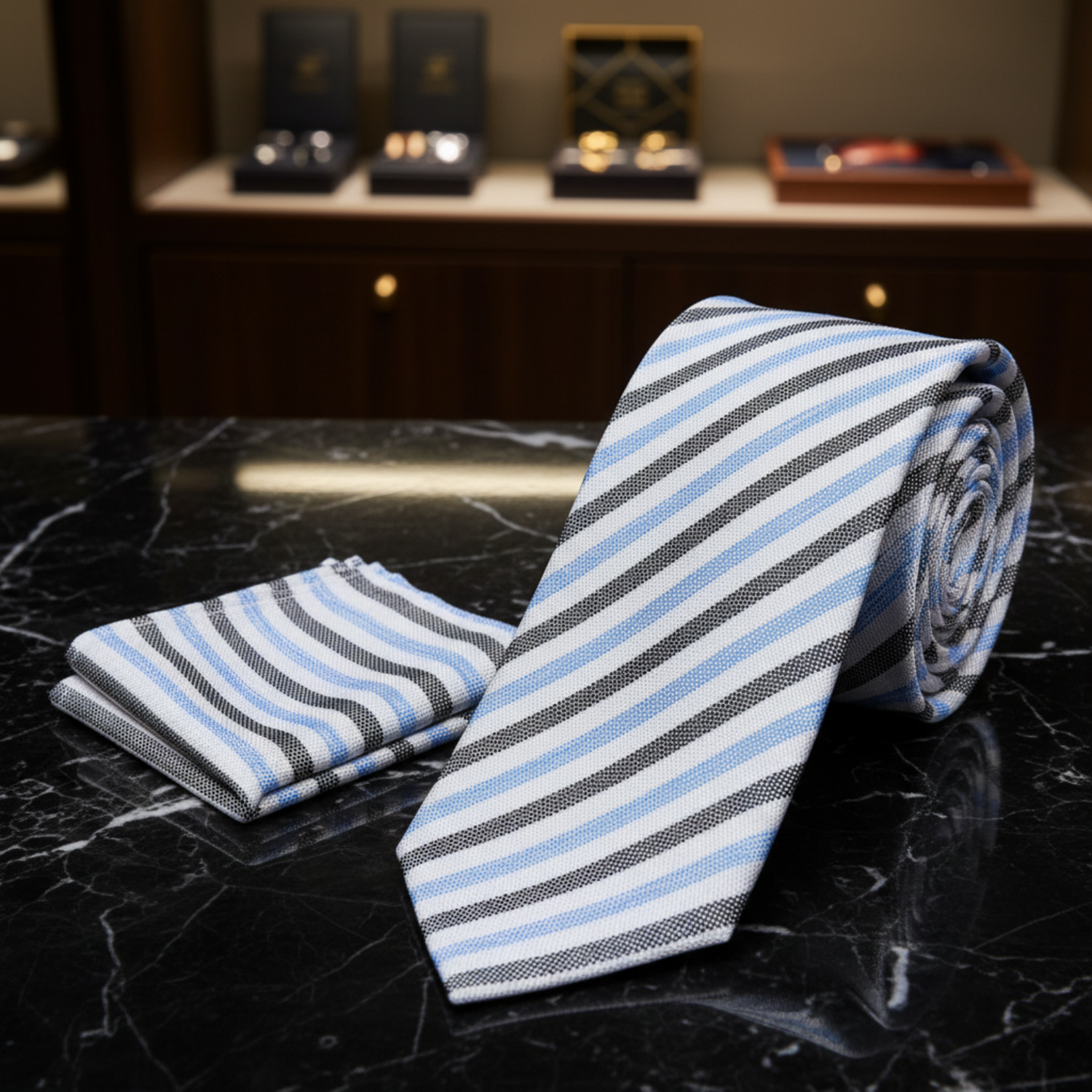 View 2: White, Blue, Black Stripe Necktie and Square