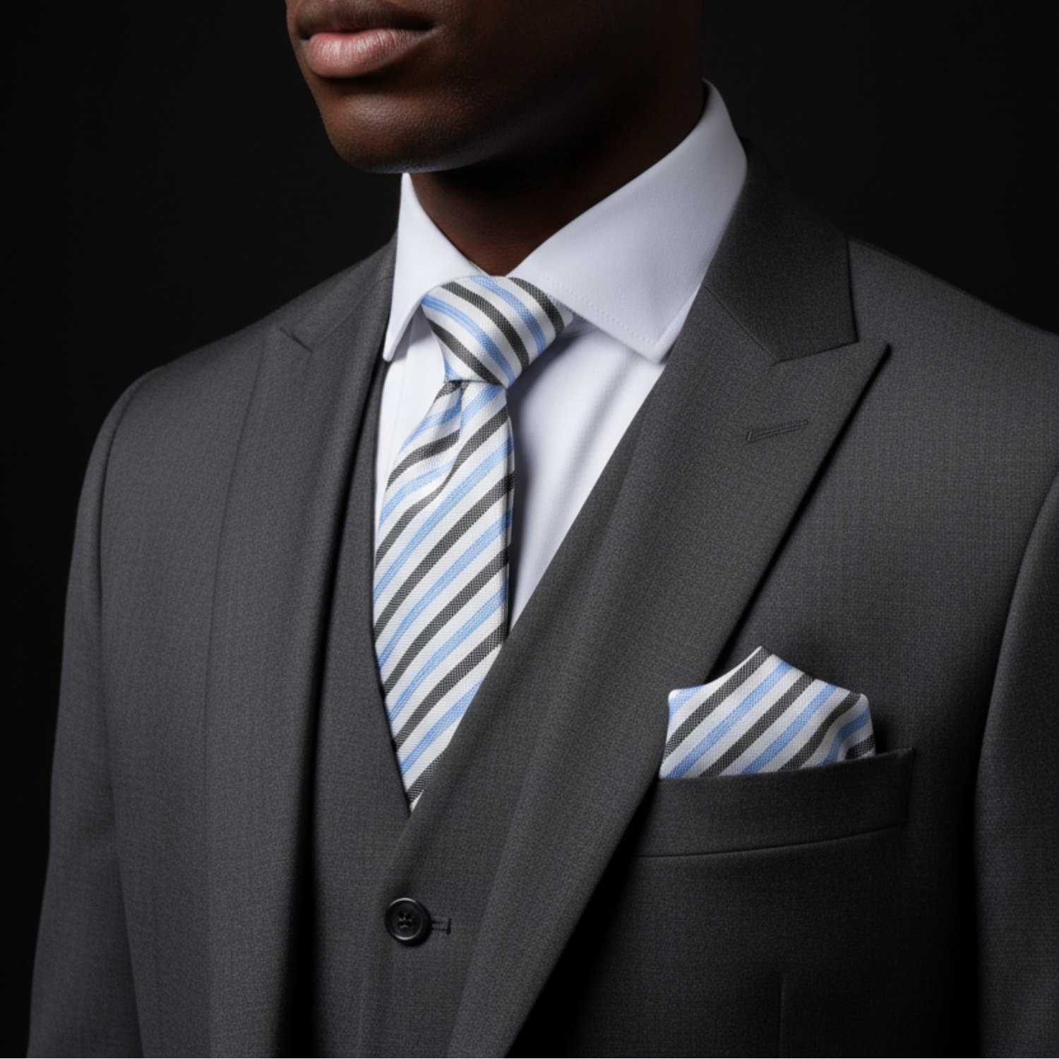 Gray suit with striped tie and pocket square on a black background