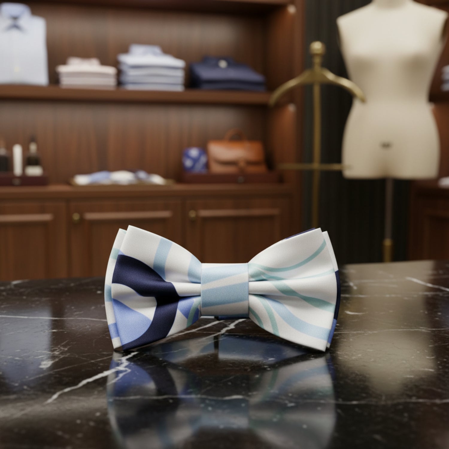 A Light Bone, Black, Pale Cactus, Steel Blue Color Abstract Circle Pattern Bow Tie Pre Tied