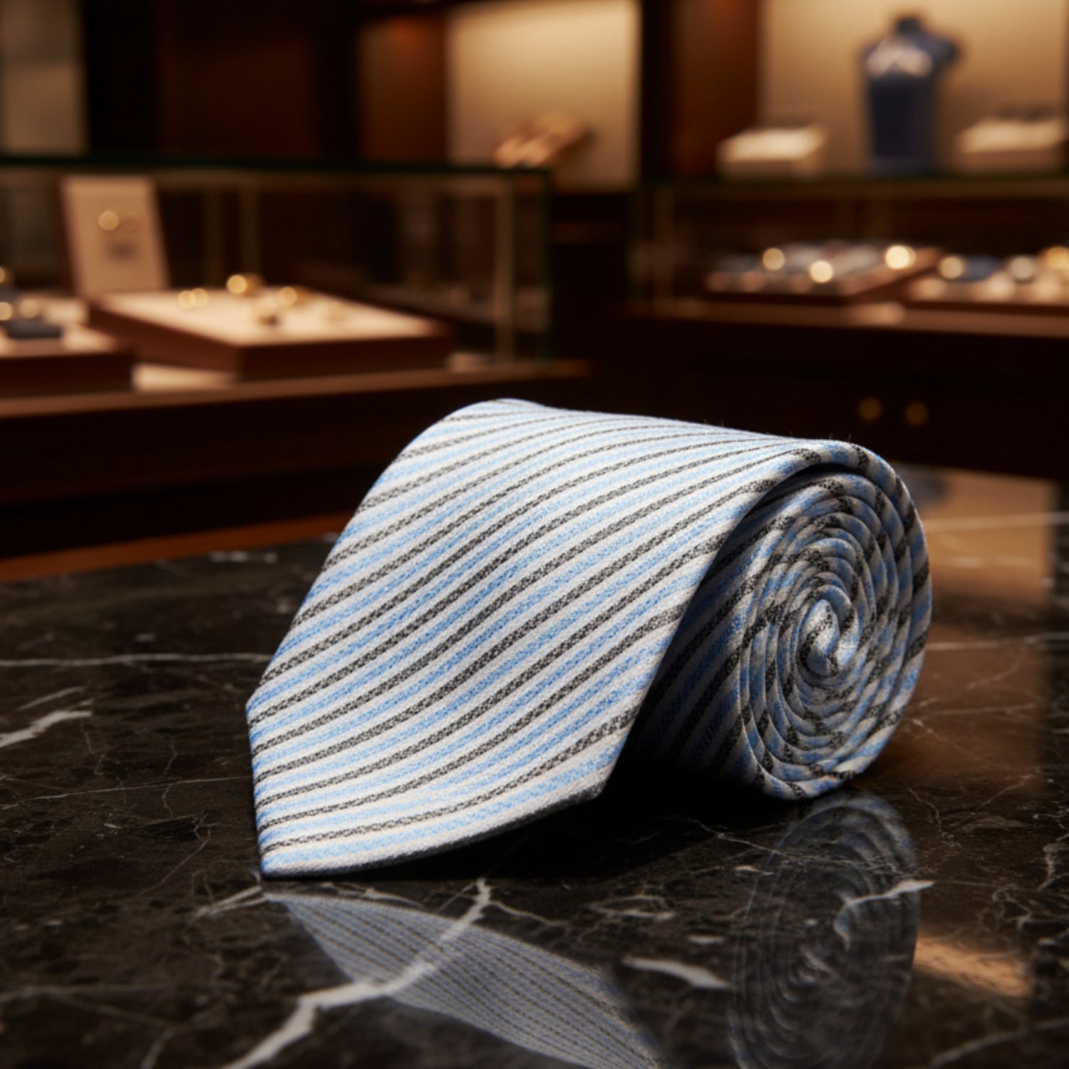 White, Light Blue, Charcoal Stripe Necktie 
