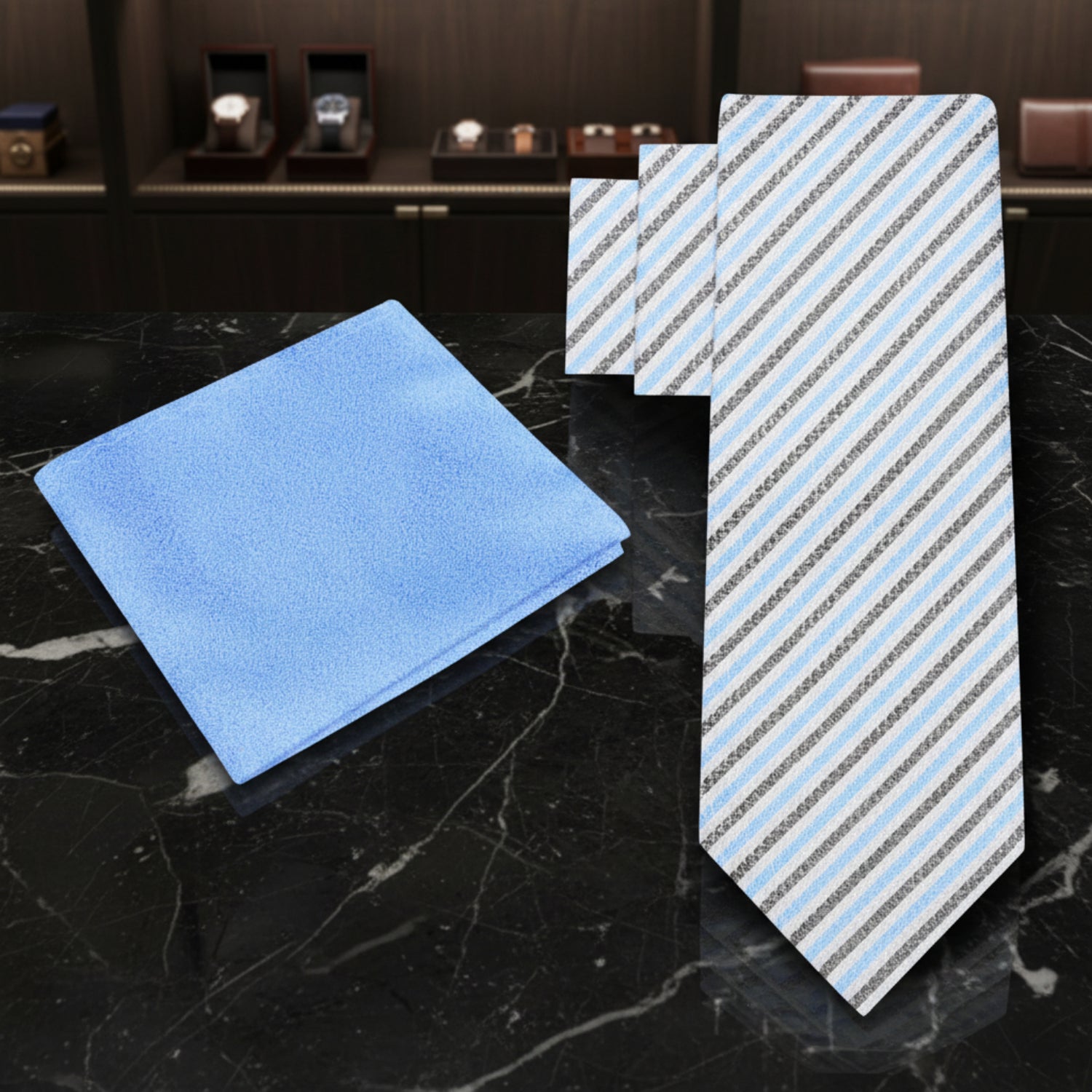 Alt View: White, Blue Stripe Necktie and Blue Square