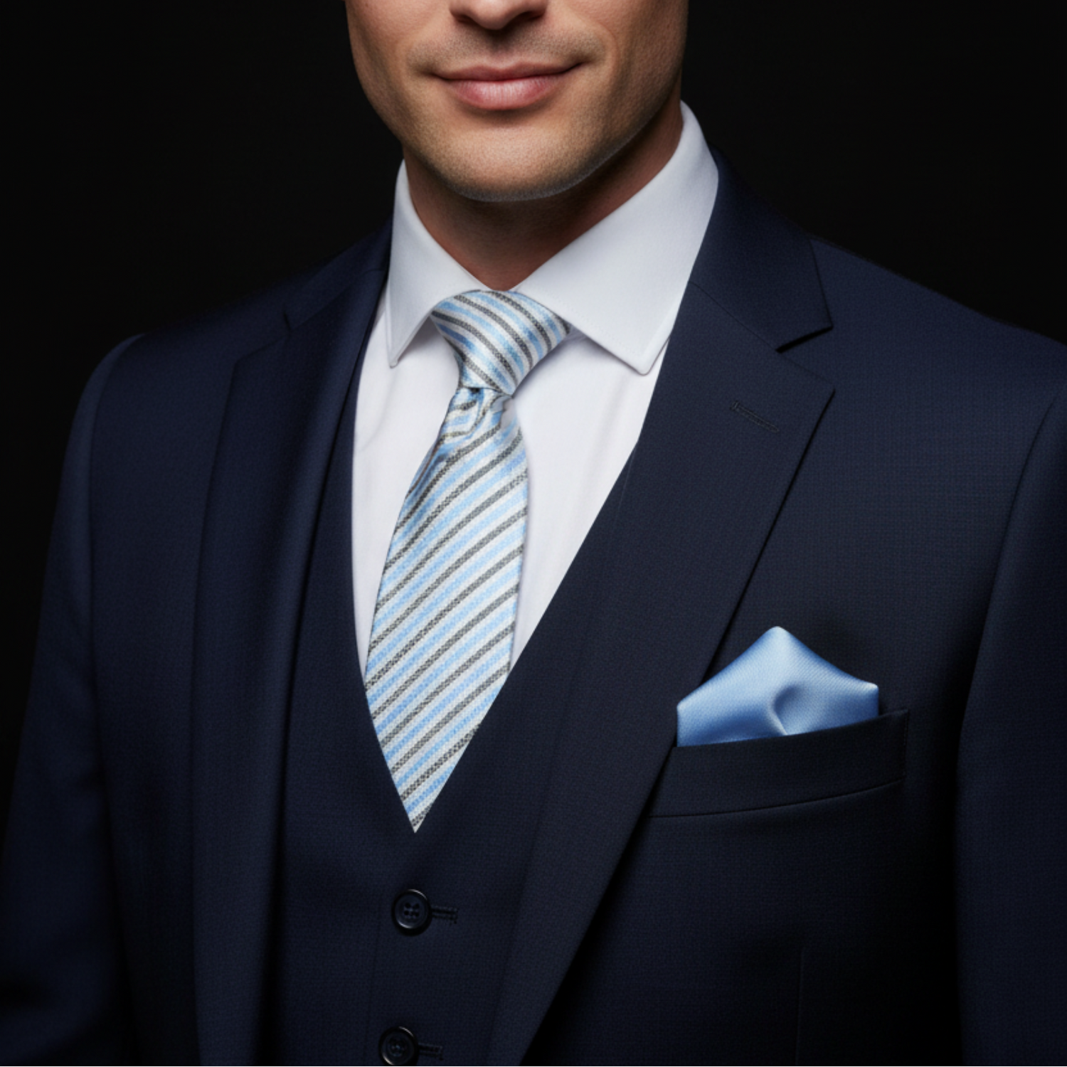 Man wearing a navy suit with a light blue striped tie and pocket square on a black background