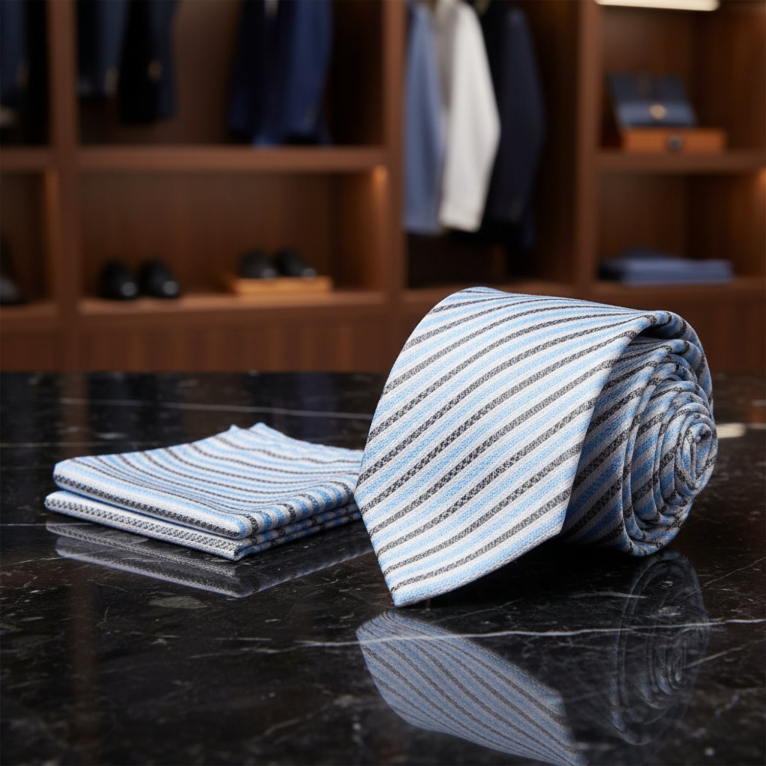 Alt View: White, Light Blue, Charcoal Stripe Necktie & Matching Square