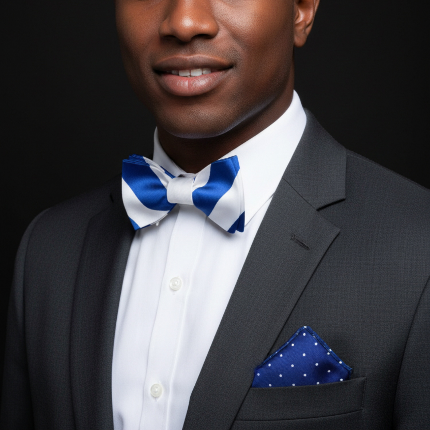 White and Blue Stripe Bow Tie and Accenting Blue White Polka Square
