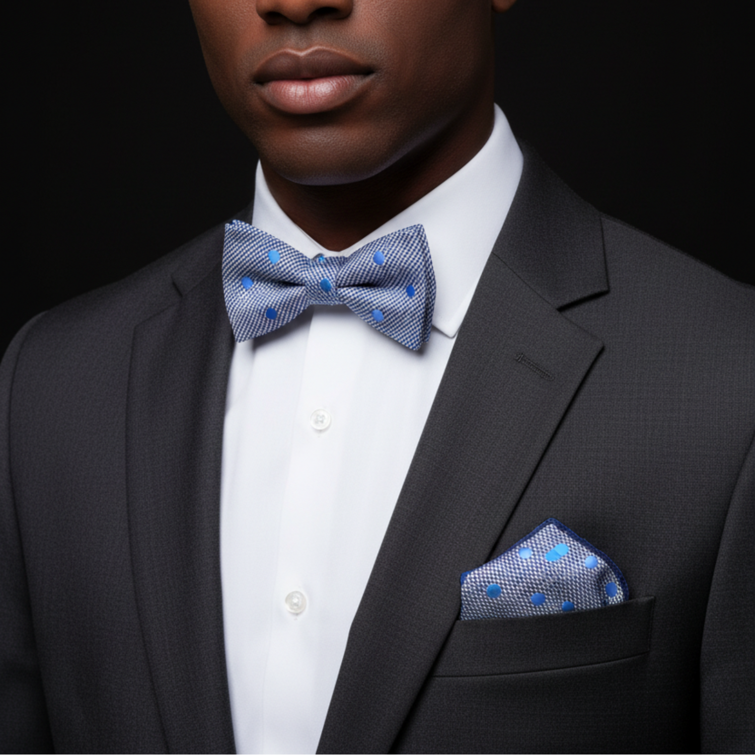 Man wearing a dark suit with a white shirt, blue polka dot bow tie, and matching pocket square against a black background.