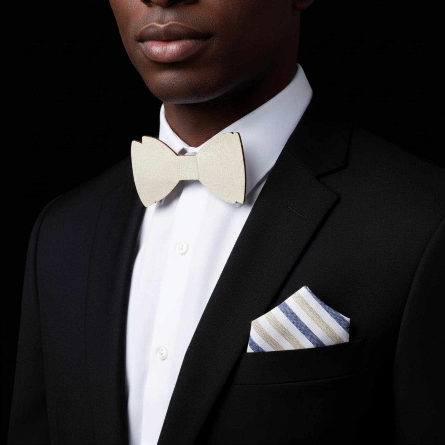 Man wearing a black suit with a white shirt, beige bow tie, and striped pocket square on a black background.