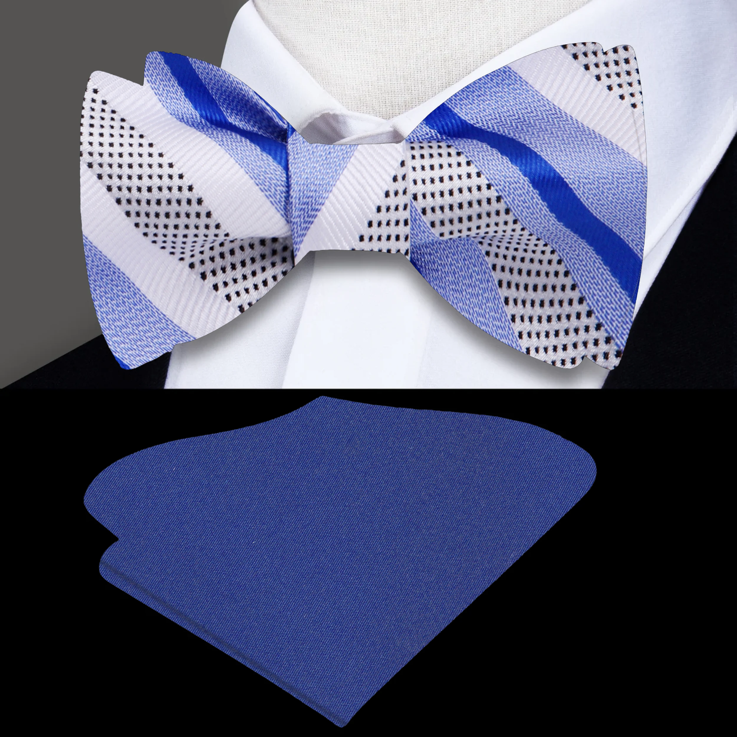 White, Light Blue, Blue Stripe Pattern Self Tie Bow Tie, Dark Blue Pocket Square