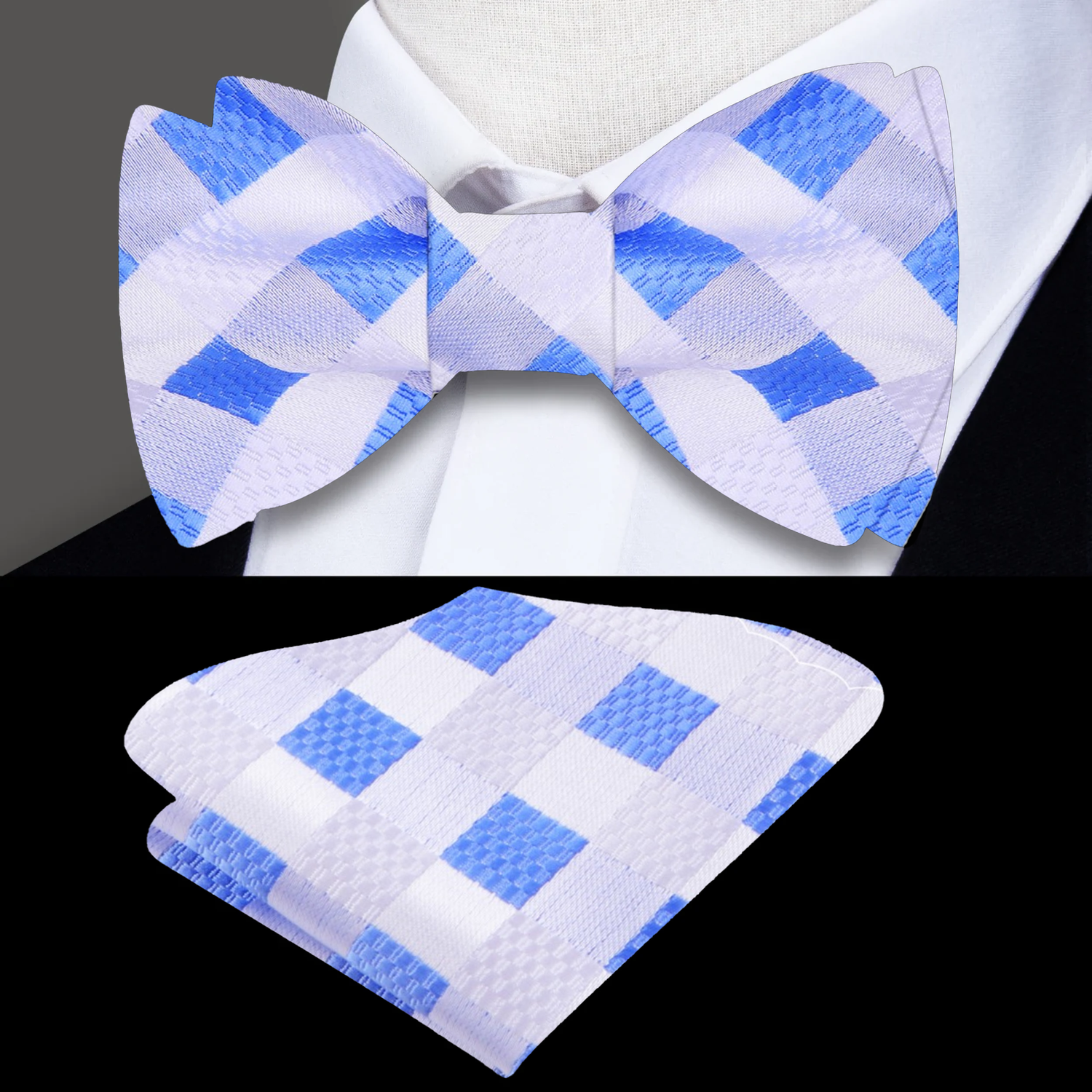 A White, Light Blue Geometric Pattern pre Tied Bow Tie, Matching Pocket Square