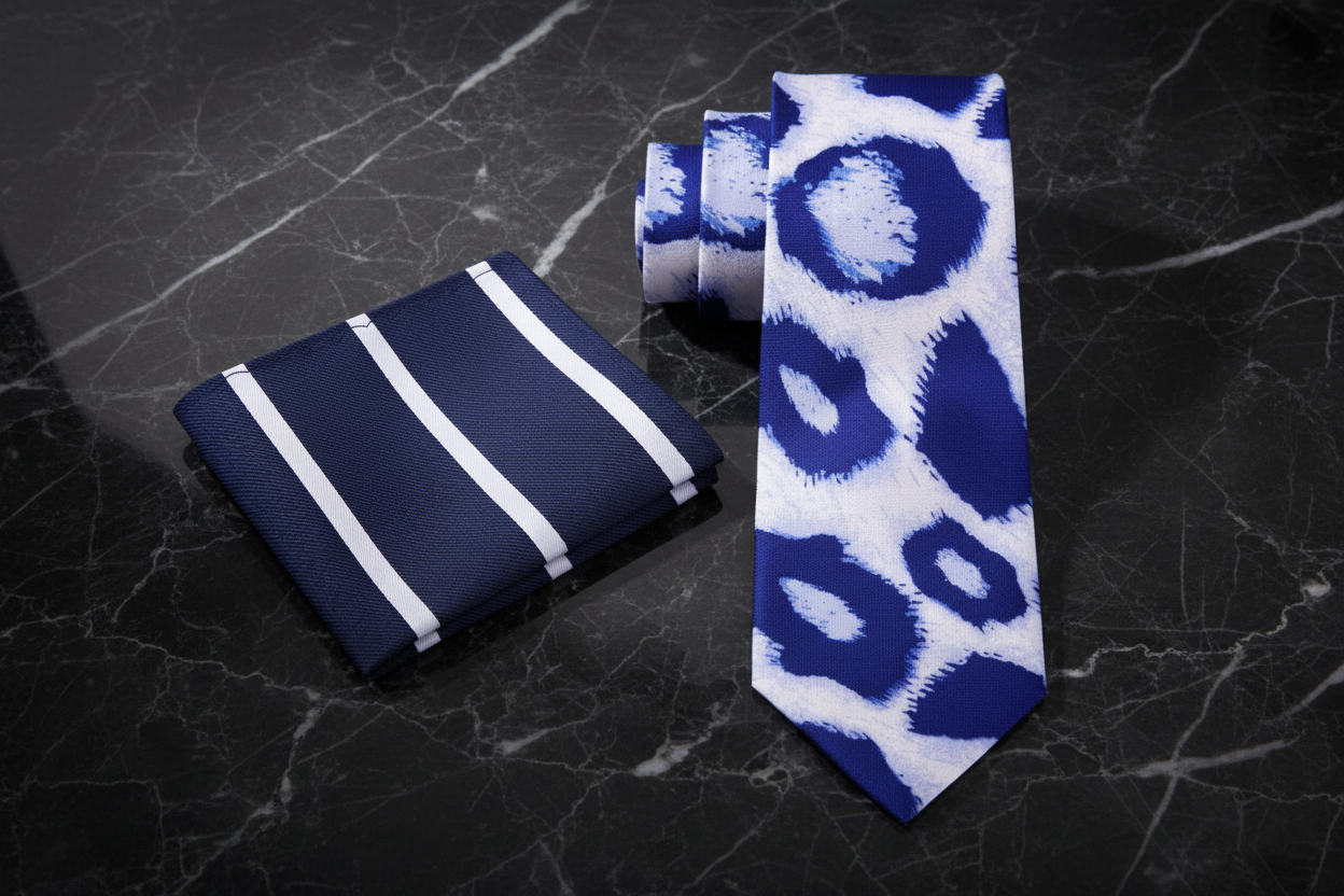 Alt: White Blue Leopard Print Tie and Accenting Pocket Square