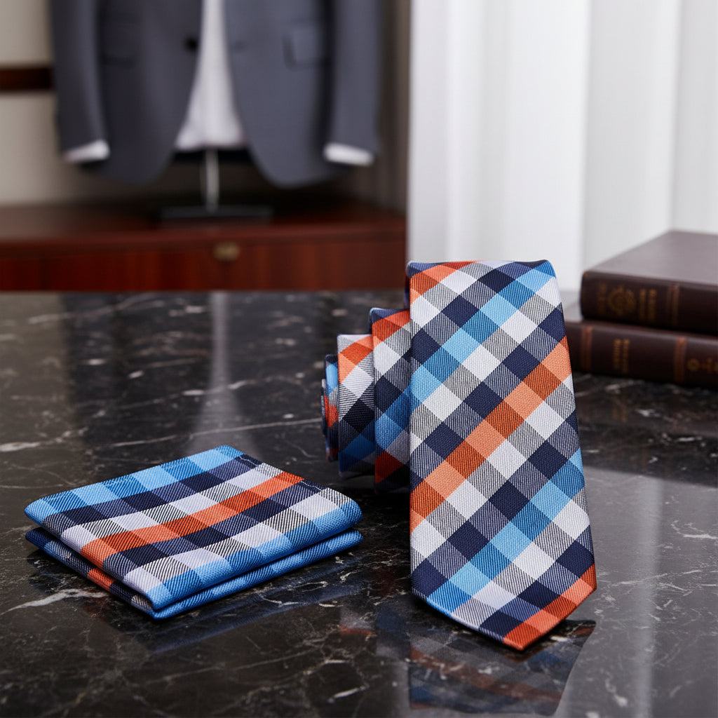 Alt White, Blue, Orange Check Necktie and Square