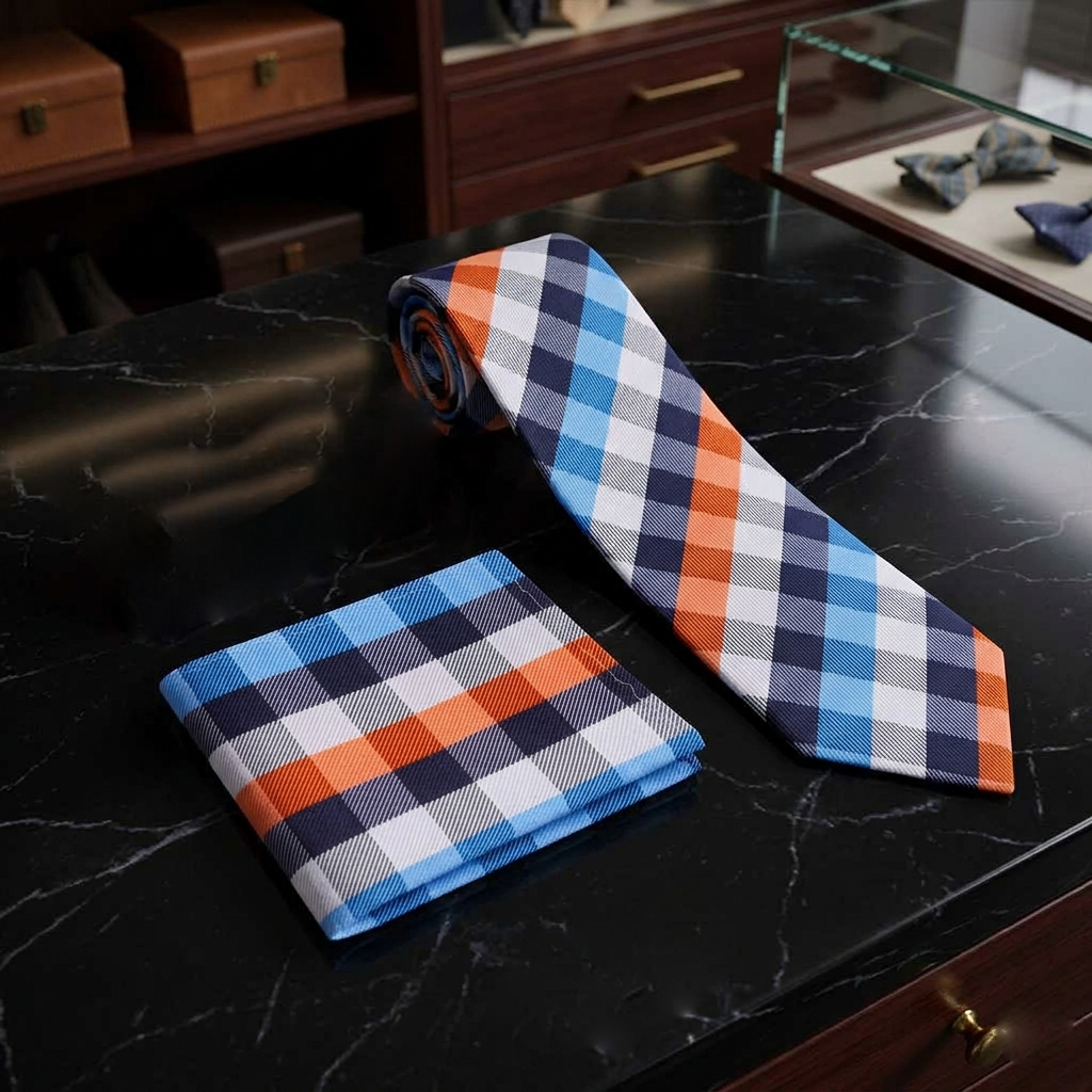 Alt View: A Light Blue, Orange, White Geometric Check Pattern Necktie, Matching Pocket Square