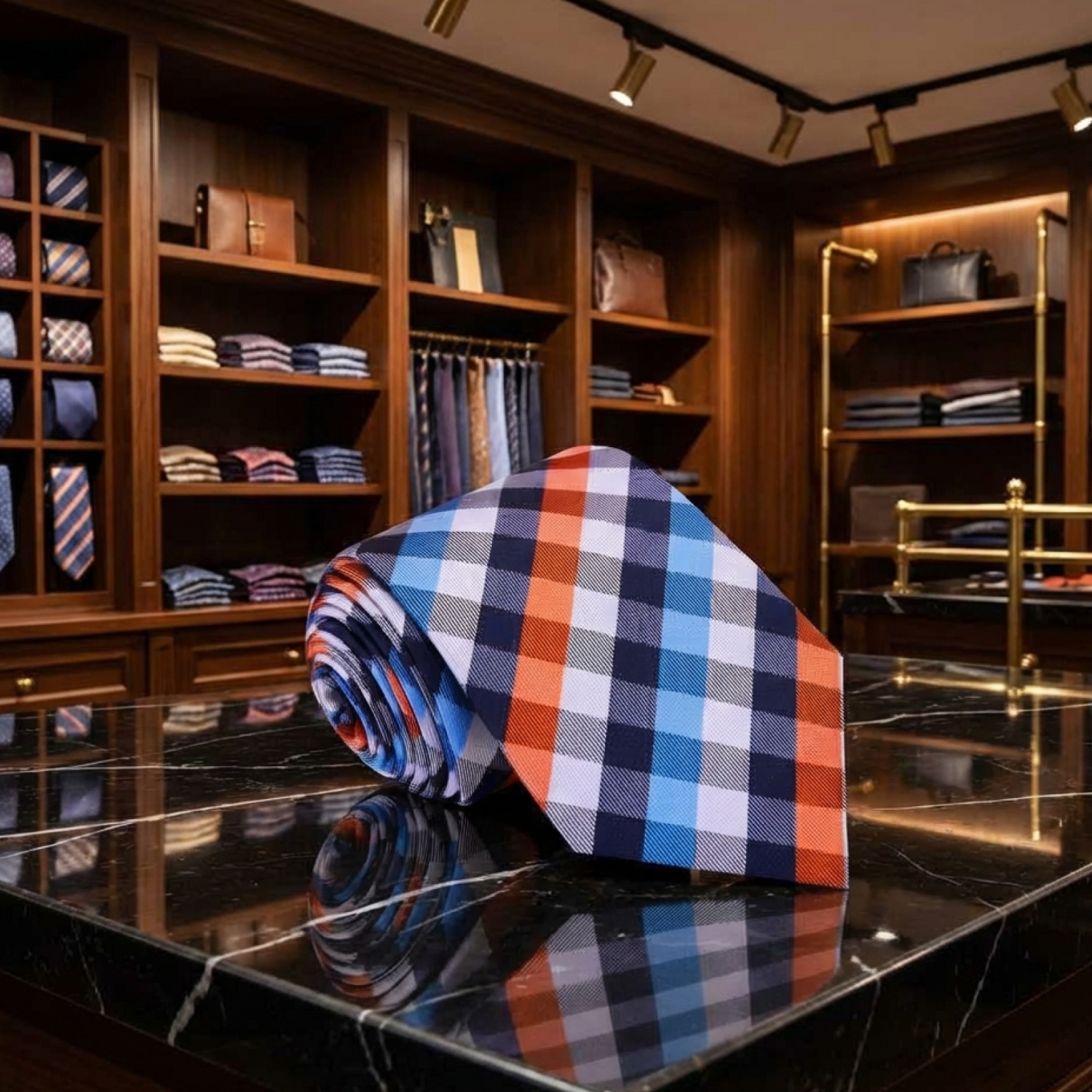 Plaid tie on a reflective surface with a background of shelves containing more ties.