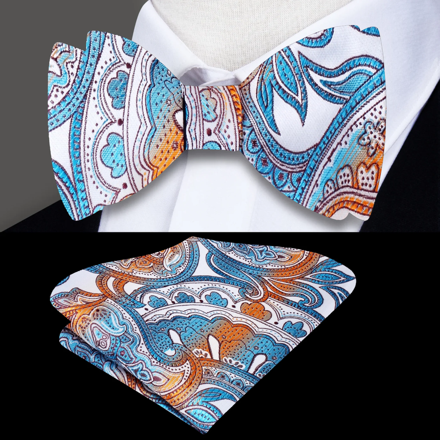 A White, Light Blue, Orange Paisley Pattern Self Tie Bow Tie, Matching Pocket Square