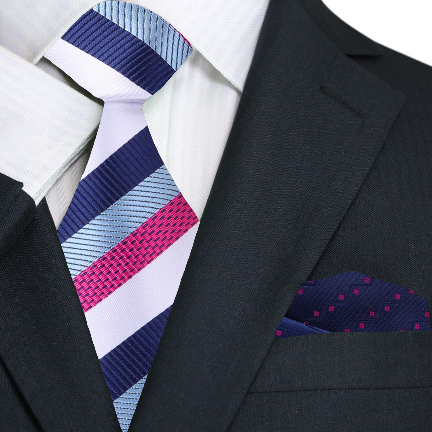 Main White Blue Pink Stripe Tie  and accenting square 