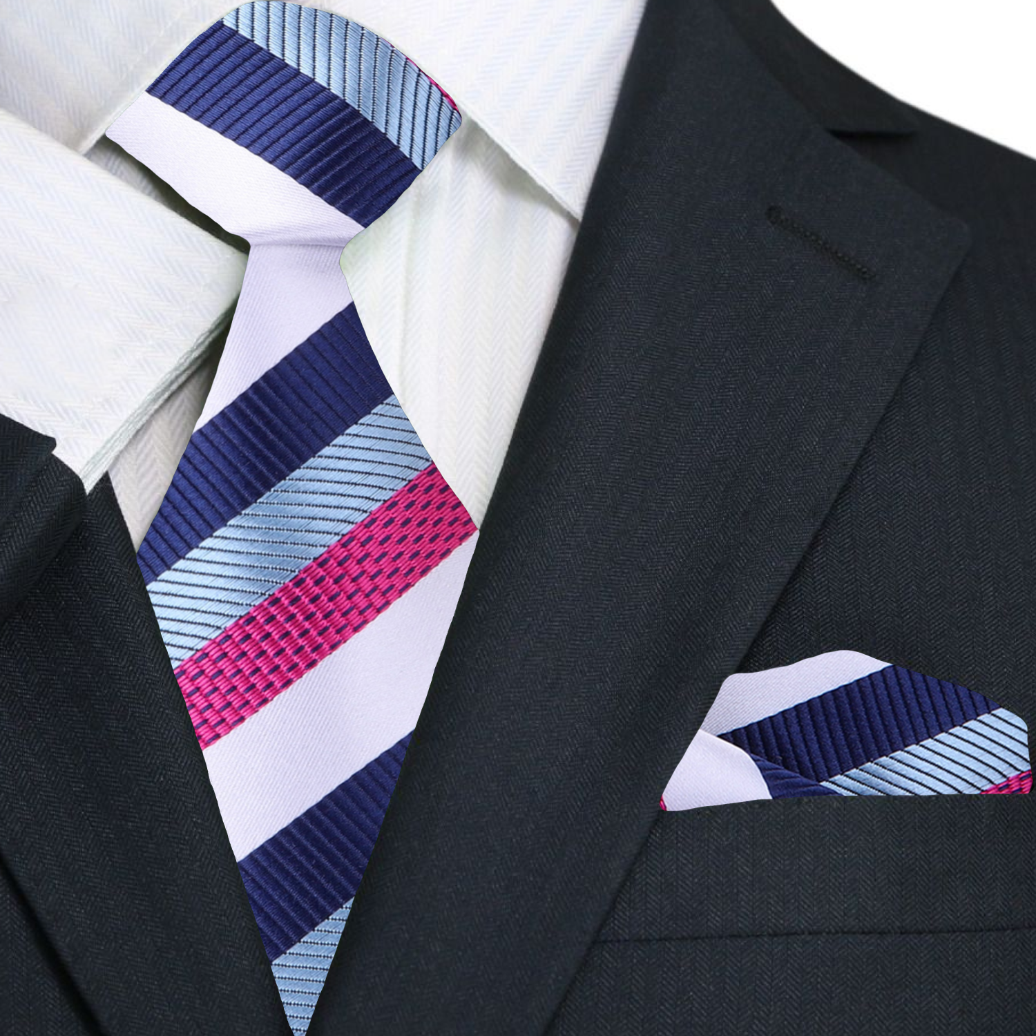 Main White Blue Pink Stripe Necktie and Matching Square