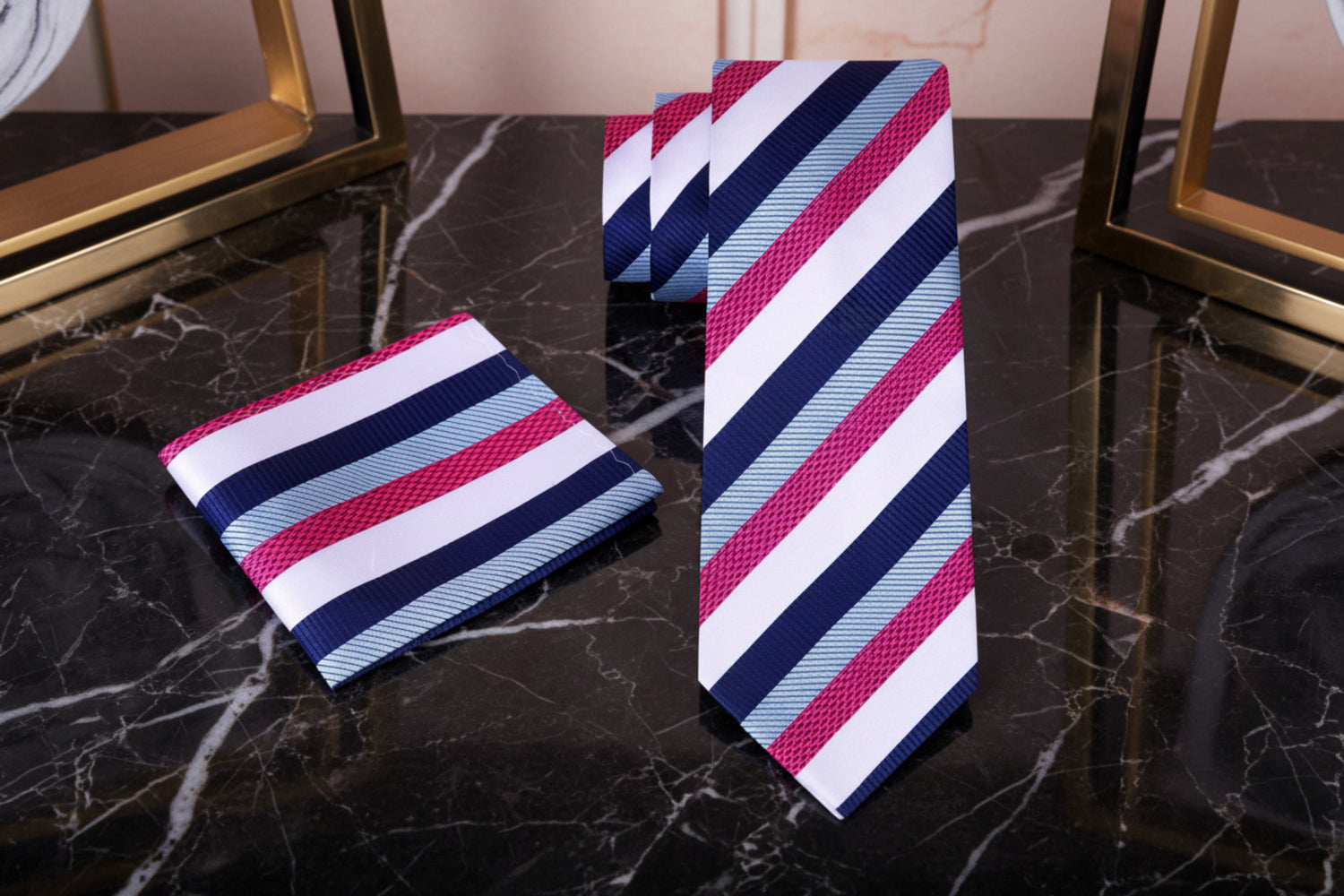 Alt White Blue Pink Stripe Necktie and Matching Square