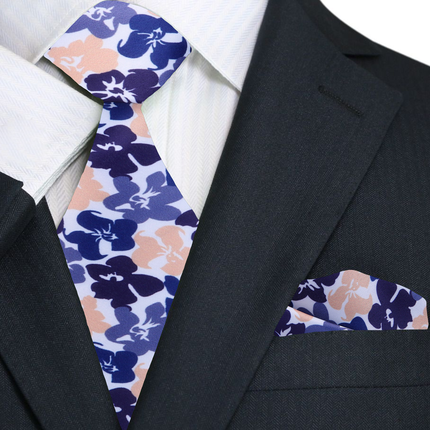 White, Blue and Plum with Coral Flowers Necktie and Square