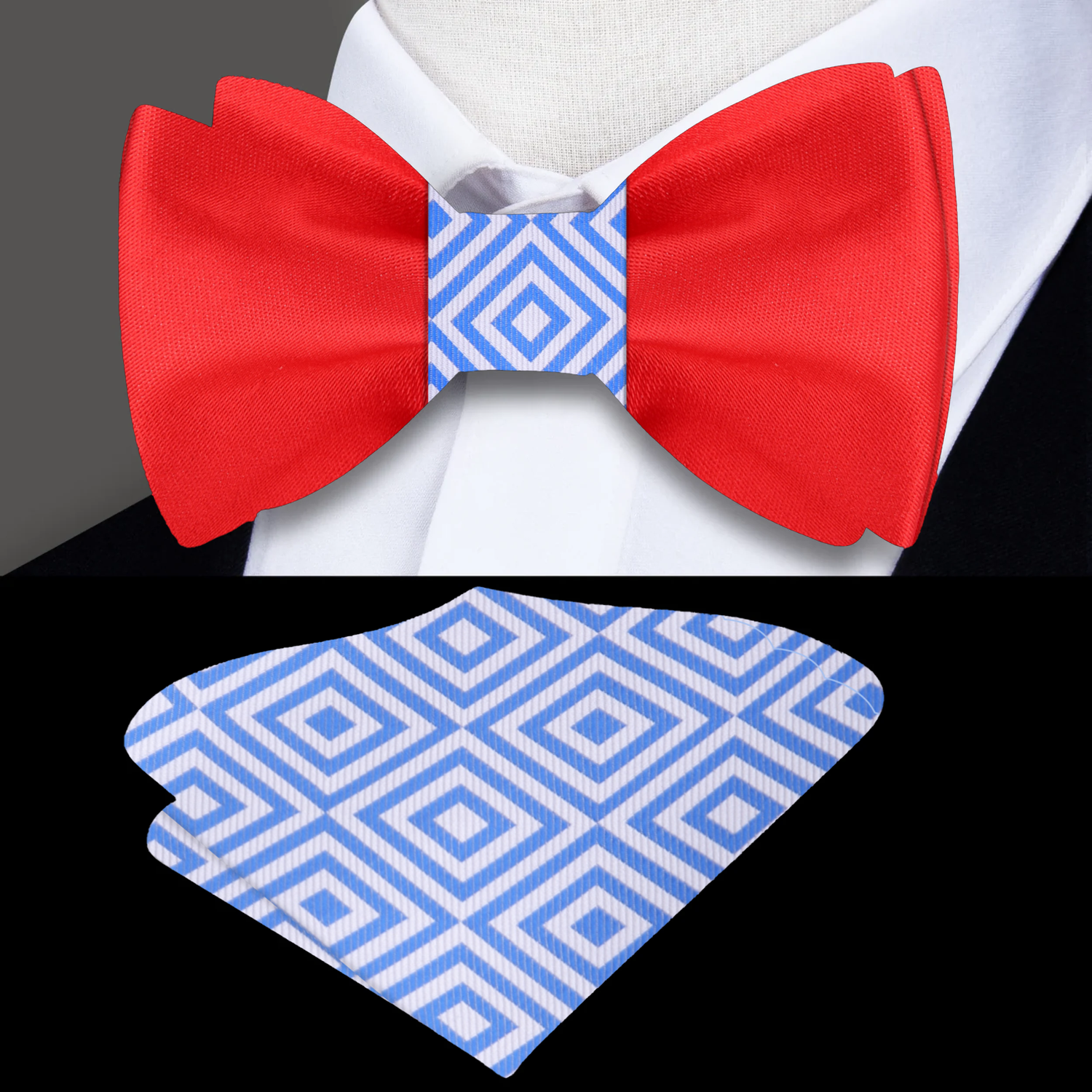 Blue, Red, White Geometric Bow Tie And Pocket Square