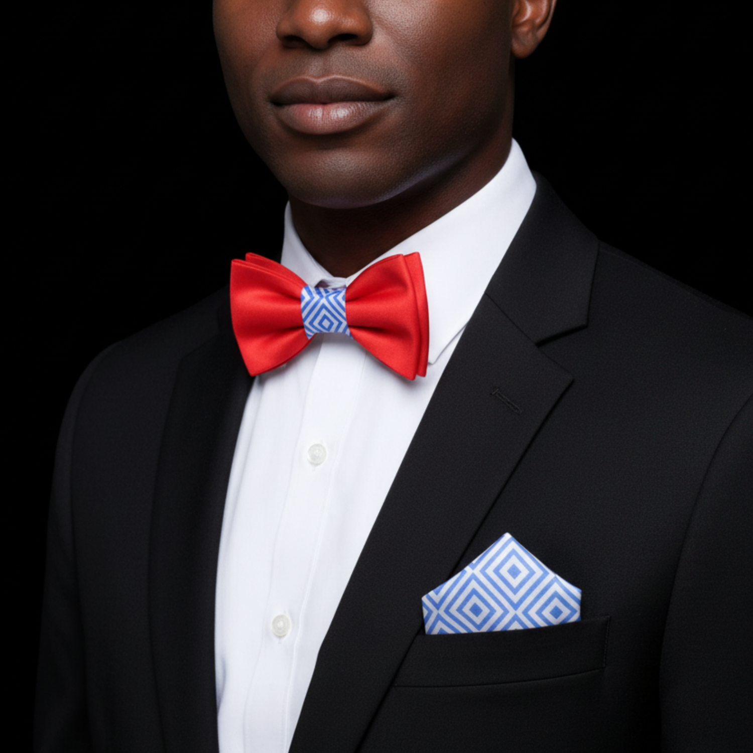 Red, Blue, White Geometric Double Sided Bow Tie and Square on man with suit