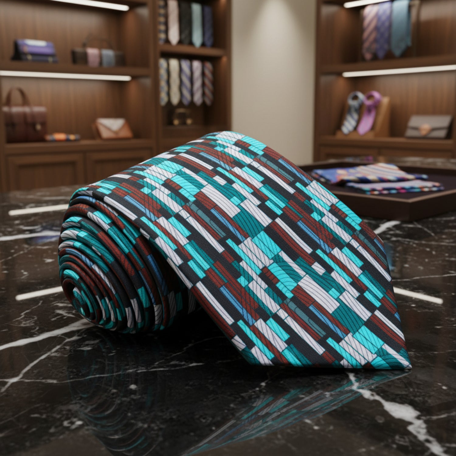 Rolled Up: Light Blue, White, Deep Red Abstract Tie