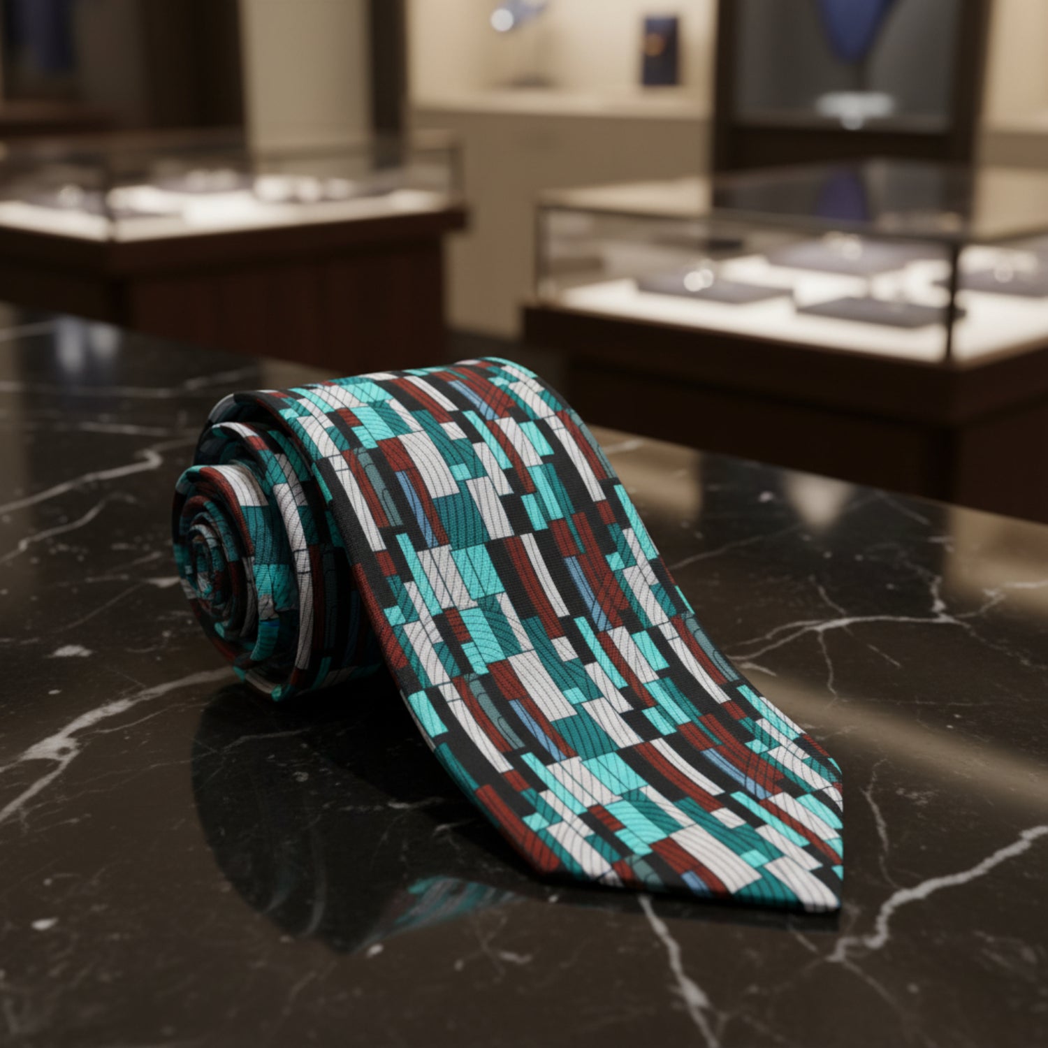Alt View: Light Blue, White, Deep Red Abstract Tie