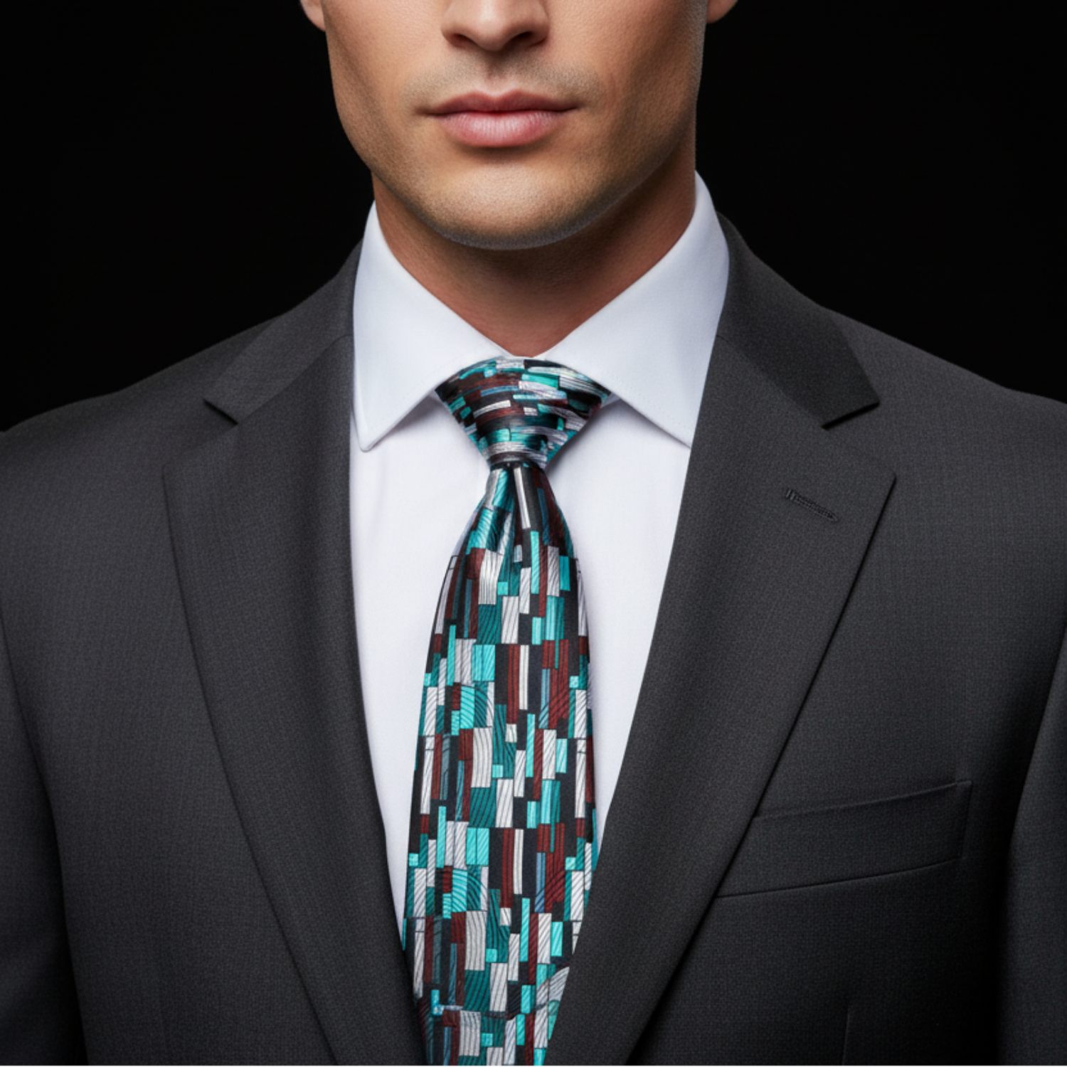 Man wearing a dark suit and patterned tie against a black background