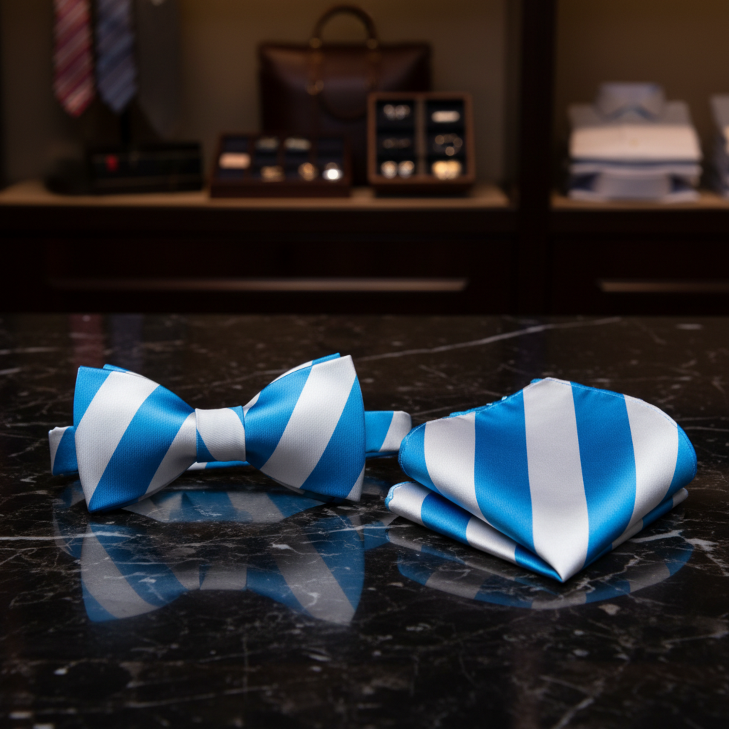 A White, Light Blue Stripe Pattern Silk Self Tie Bow Tie, Matching Pocket Square
