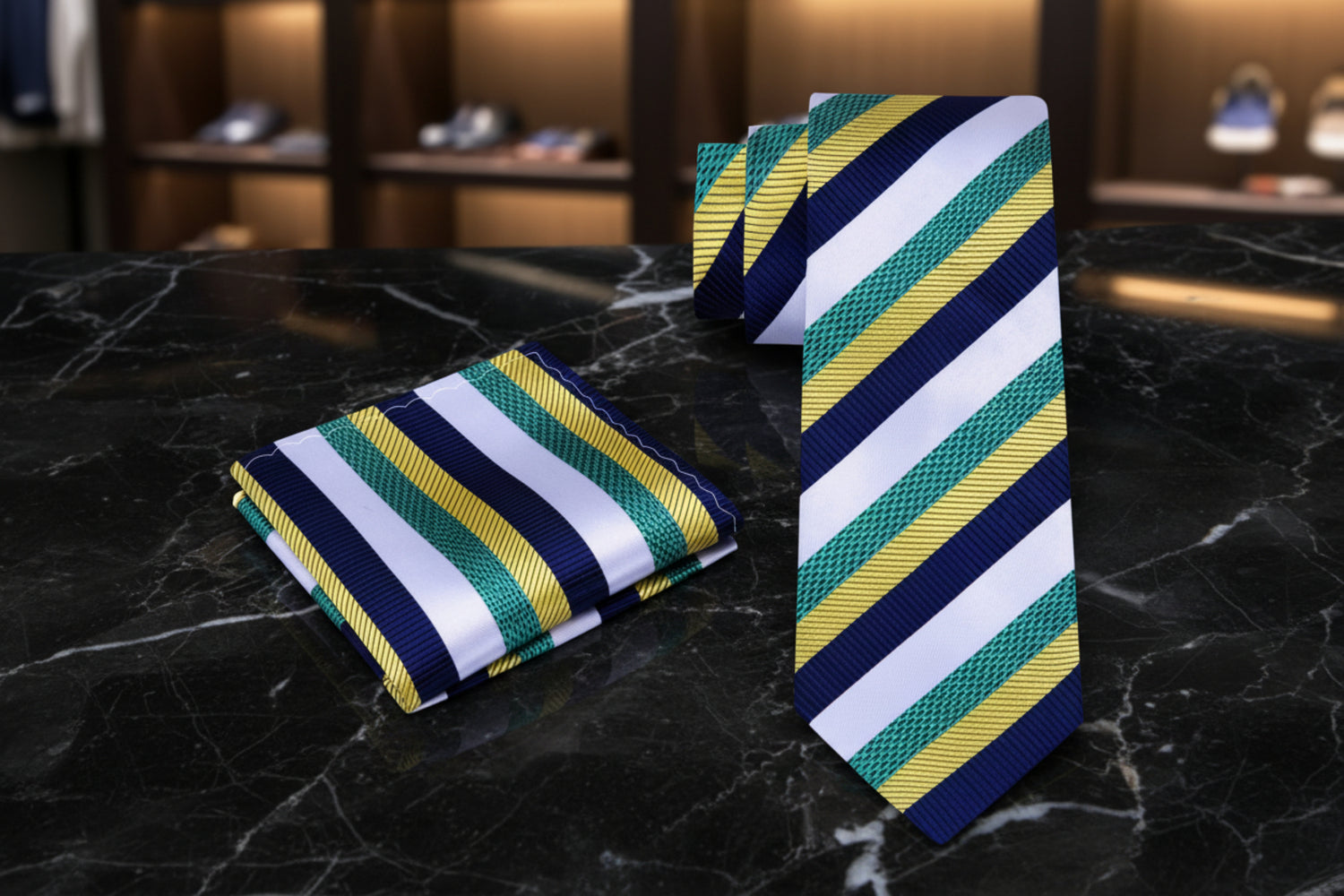 Striped tie and pocket square set with green, yellow, and blue pattern on a white background