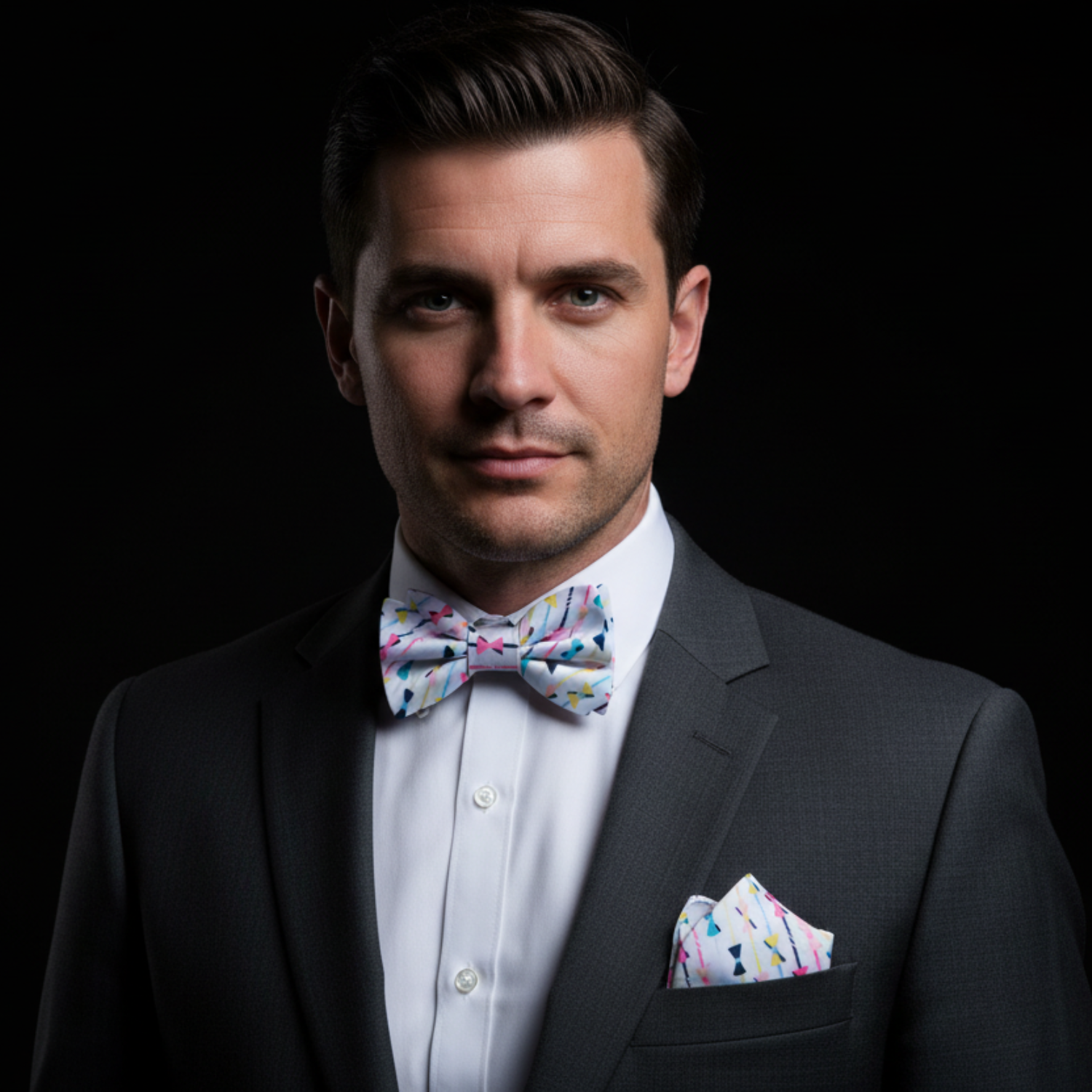 Man wearing a black suit with a colorful bow tie and pocket square on a black background