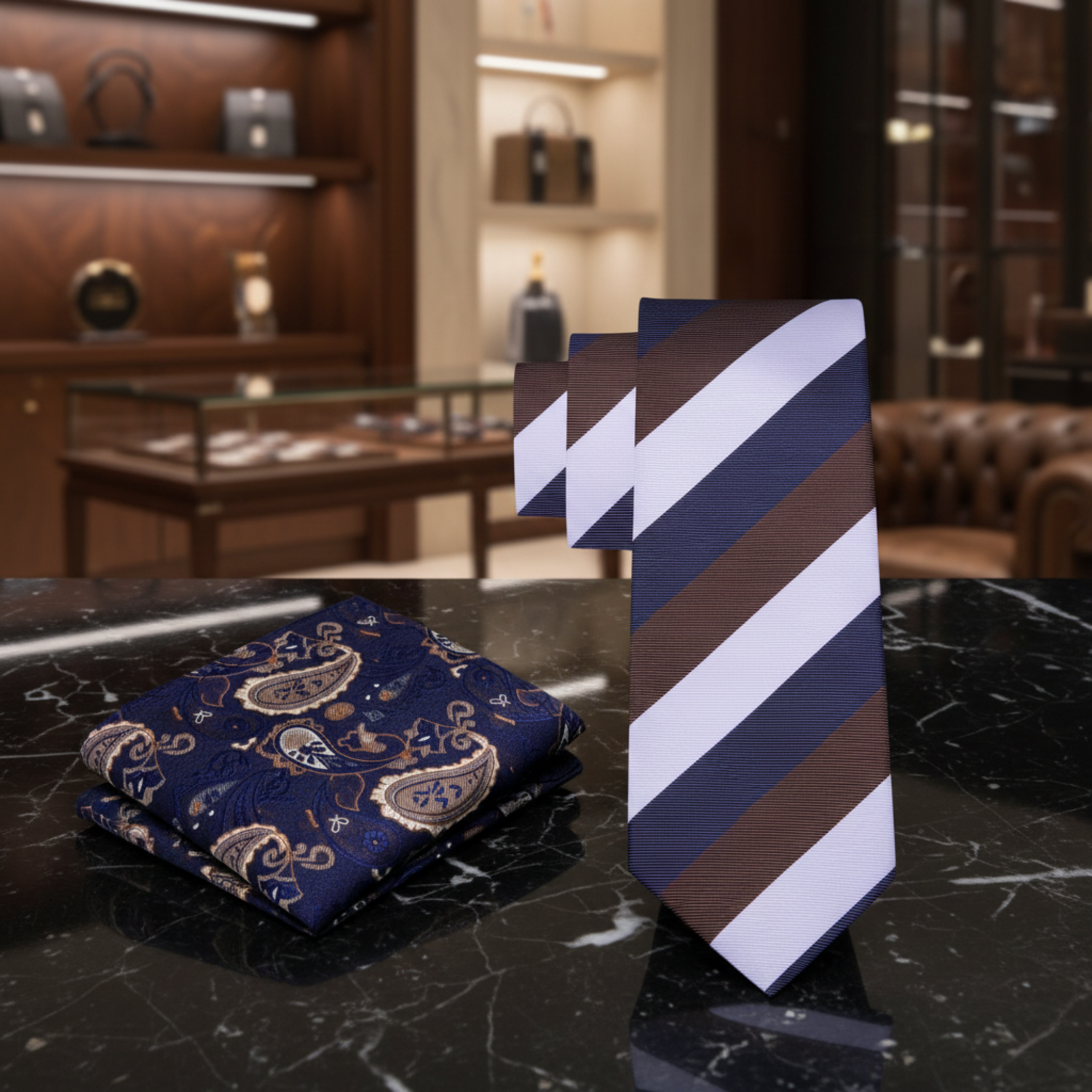 a white, brown and blue stripe tie and accenting handkerchief