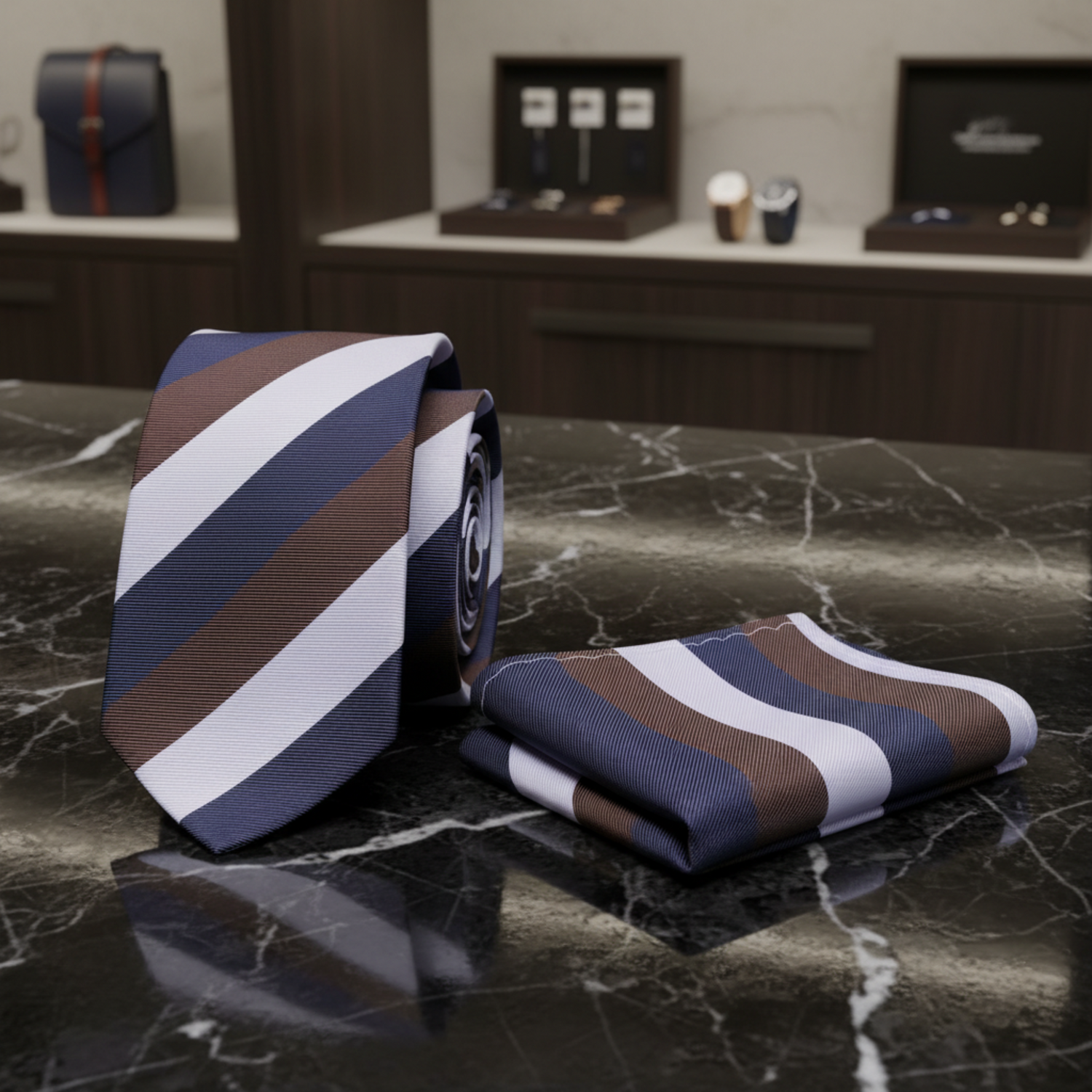 A White, Blue and Brown Necktie and Matching Pocket Square