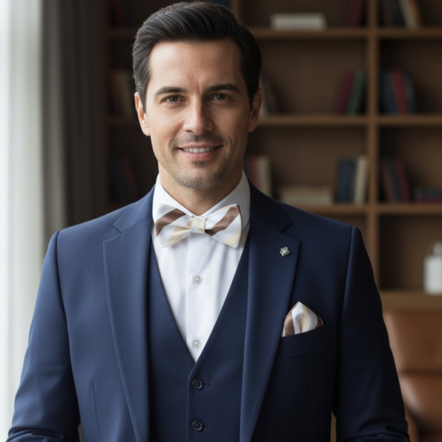 Man in a formal blue suit with a bow tie standing in front of a bookshelf.