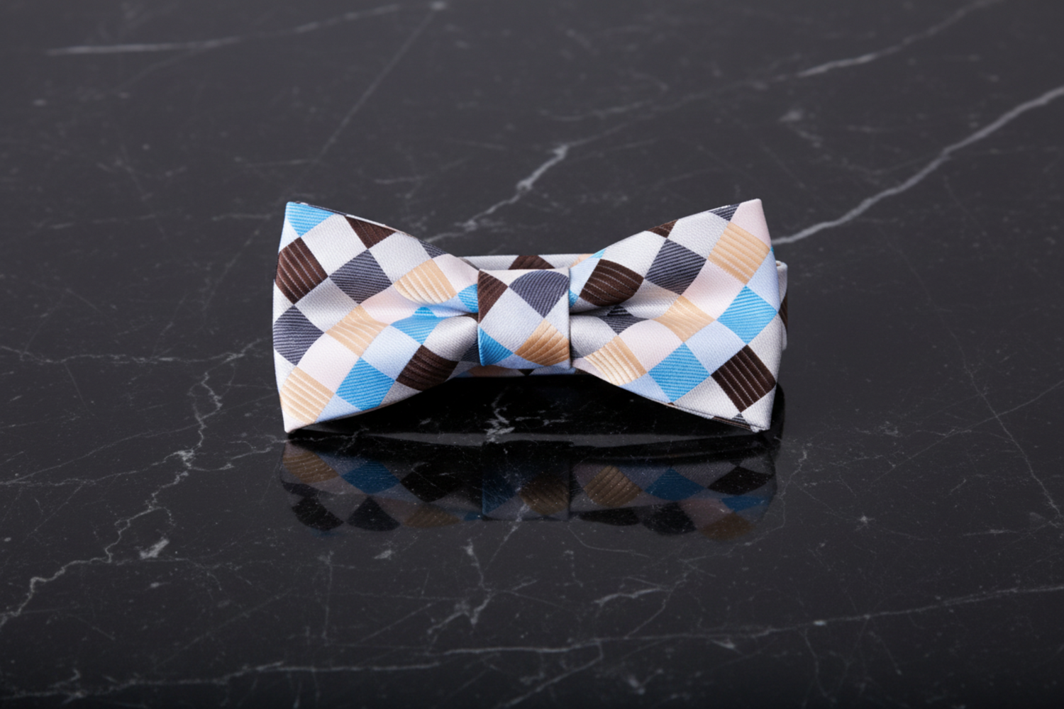 White Cream Grey Light Blue Brown Check Bow Tie  Self Tie