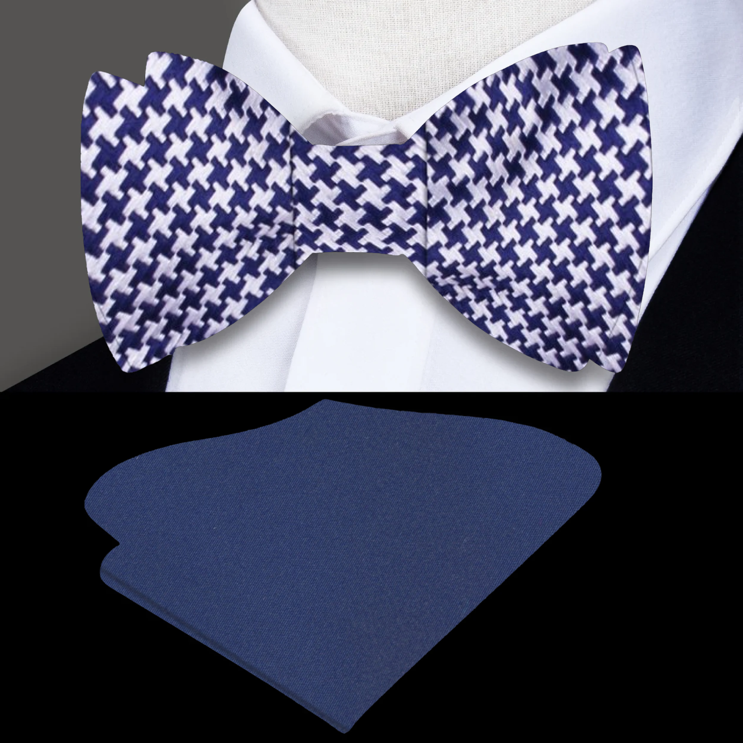 Light Grey, Dark Blue Hounds Tooth Bow Tie and Blue Square