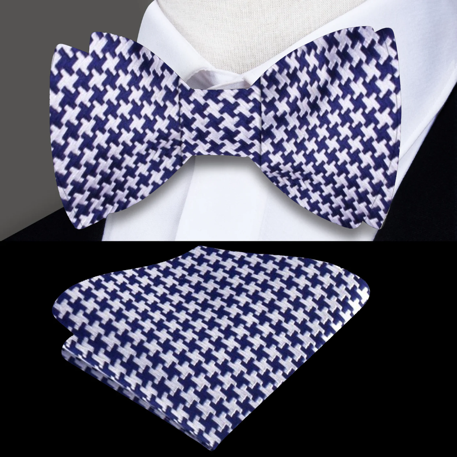 White Dark Blue Hounds Tooth Bull Run Bow Tie and Square